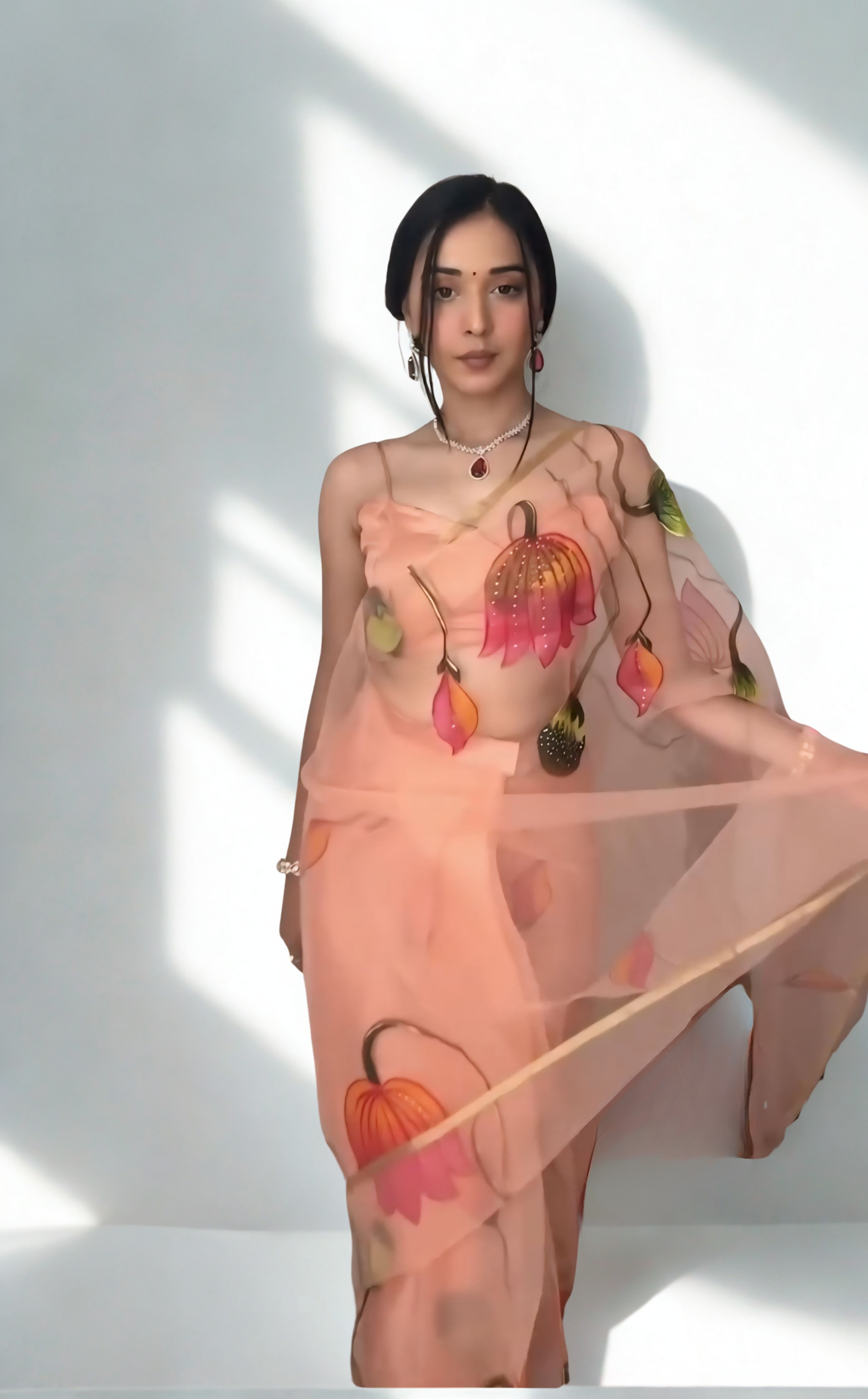 CLOVIRA Peach Pure Organza Ready-to-Wear Saree