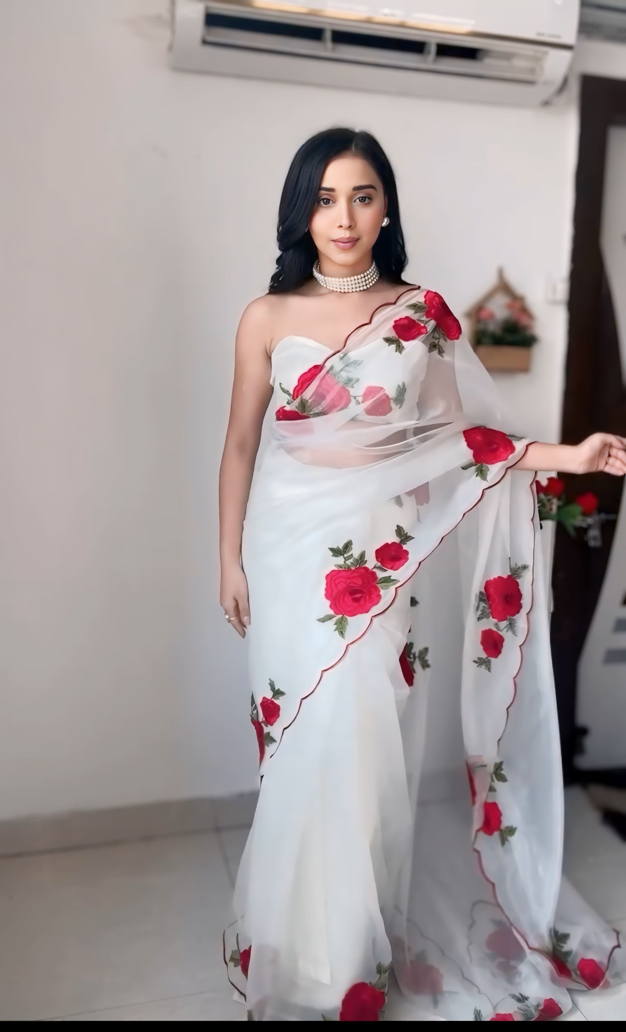Pulsating 1-Minute Ready-To-Wear White Organza Silk Saree | Embroidery & Sequence Work with Blouse Piece