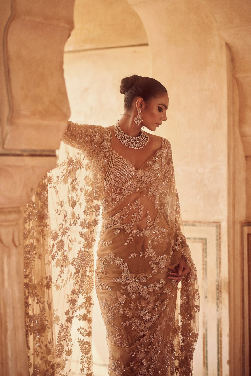 CLOVIRA Heavy Mono Net Saree with 5MM Multy & Sequins Embroidery Work