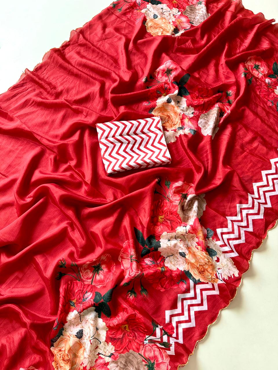 Soft Chinon Saree with Floral Print & Contrast Arco Cutwork Border