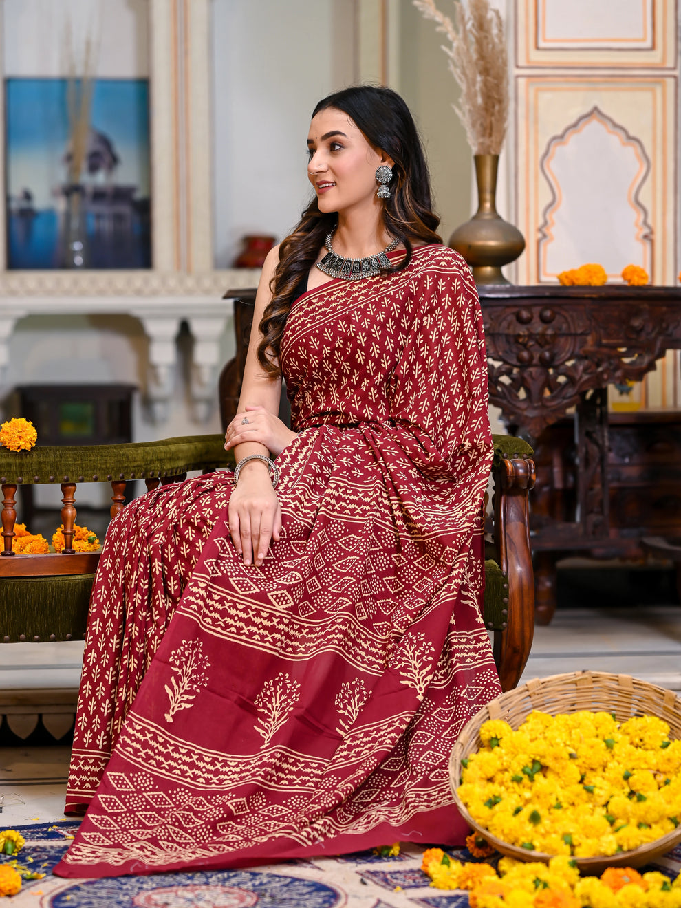 CLOVIRA Maroon Red Pure Soft Cotton Ready-to-Wear Saree
