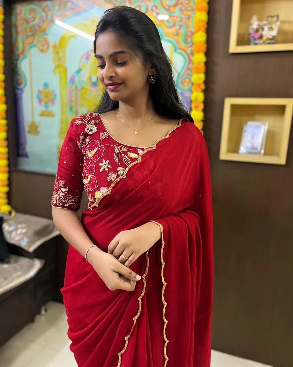 Exquisite 1-Minute Ready-To-Wear Peach Georgette Saree | Printed Design with Border Work & Blouse Piece