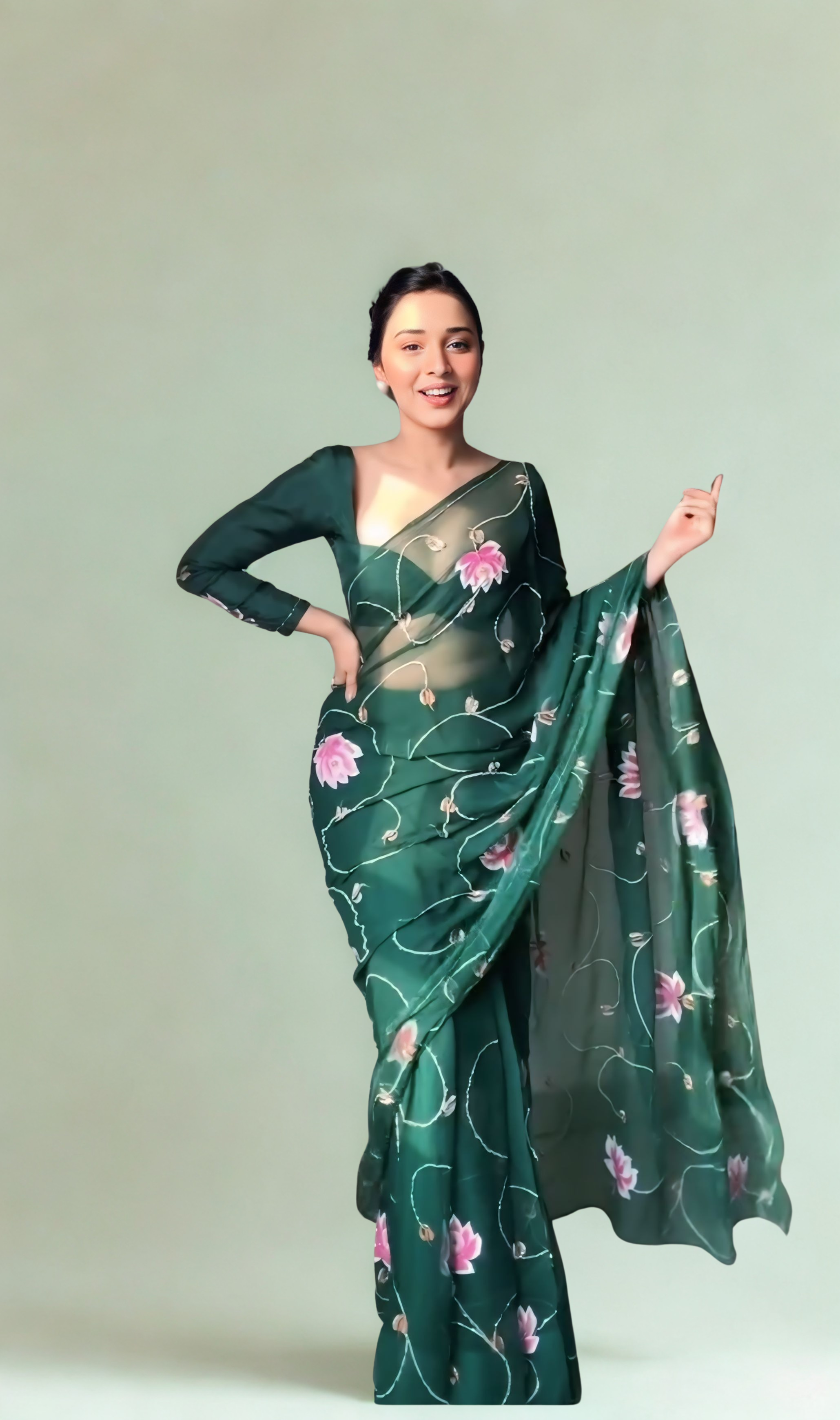 CLOVIRA Green Pure Organza Ready-to-Wear Saree