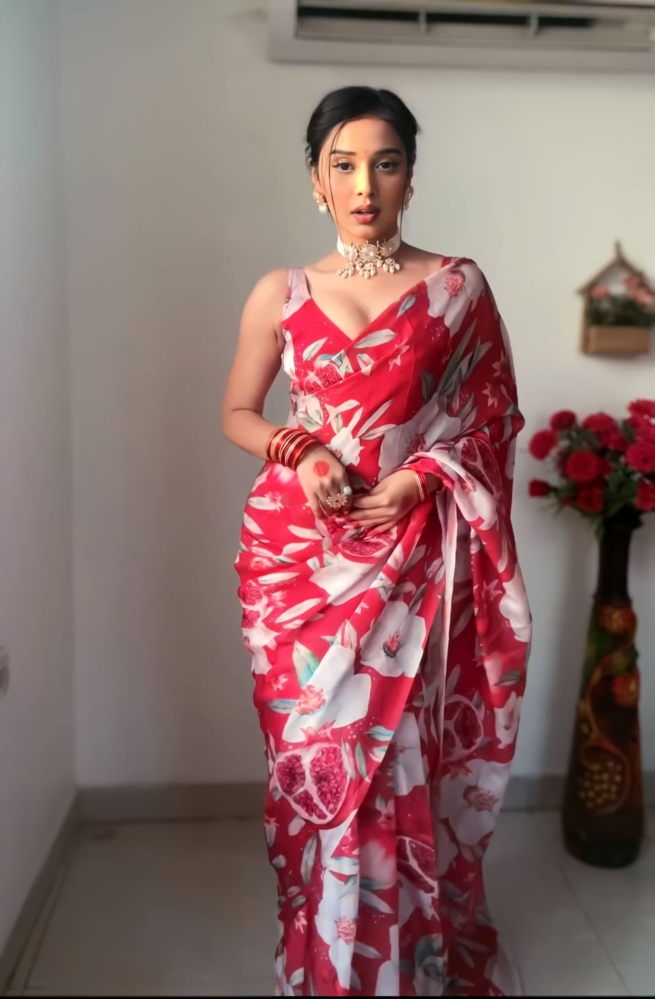 Flattering 1-Minute Ready-To-Wear Multi-Color Georgette Saree | Printed Design with Blouse Piece