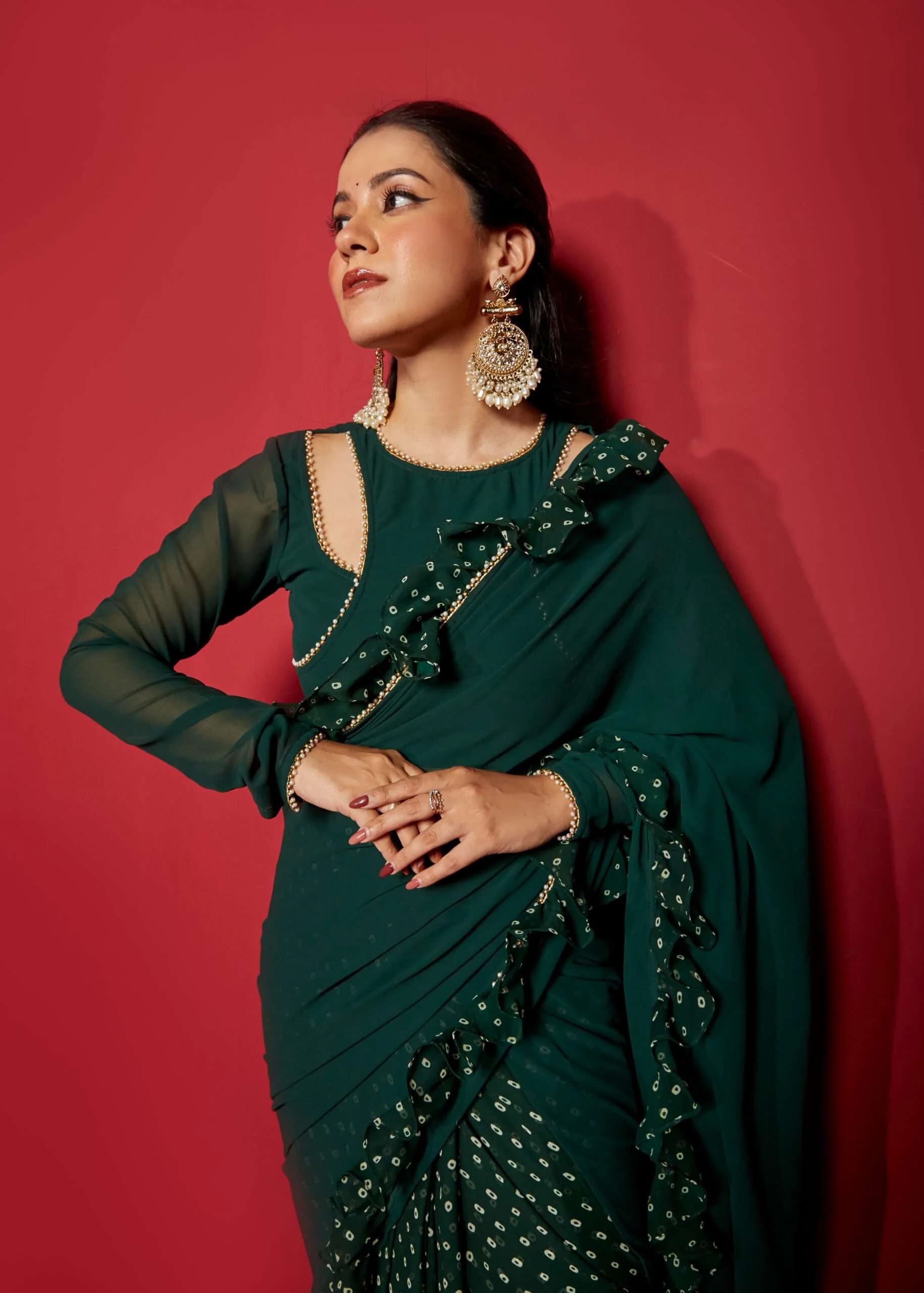 Opal Green Pre-Draped Frilled Saree with Pearl Lace & Digital Print