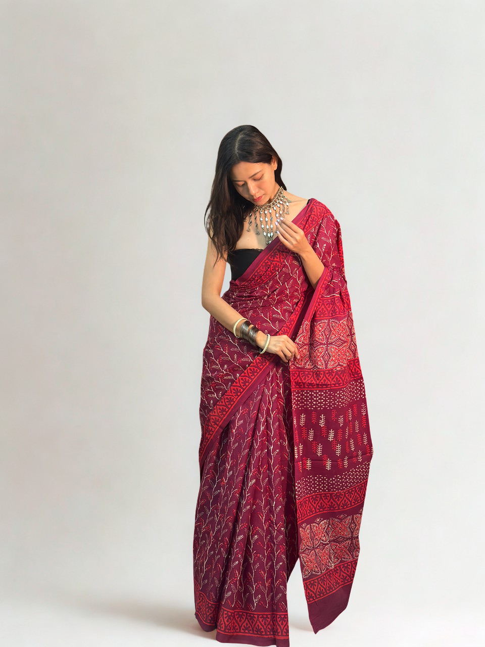 CLOVIRA Pure Soft Mul Cotton Silk Ready-to-Wear Saree with Pocket