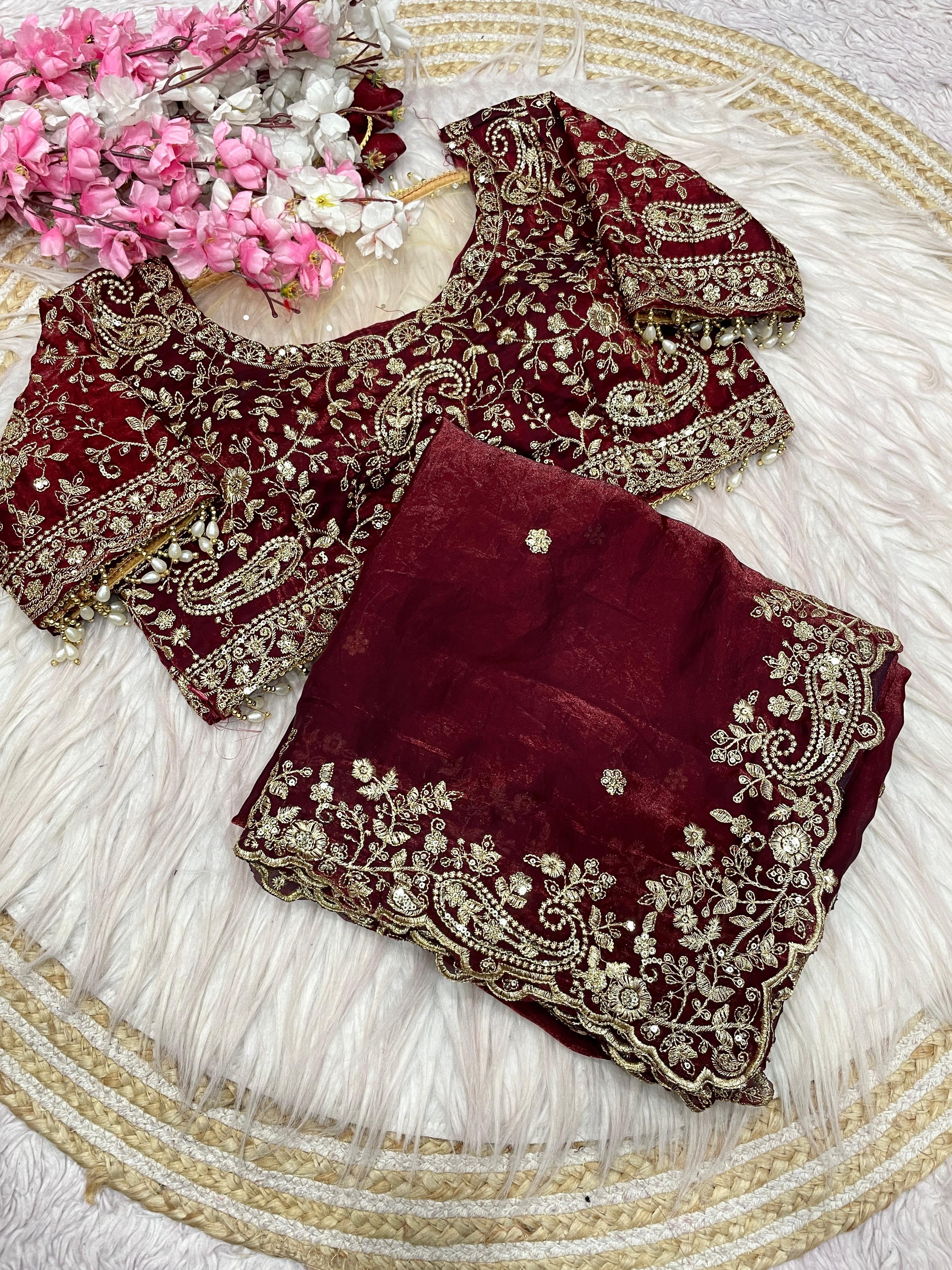 Designer Traditional Party Wear Fendy Silk Saree | Multi & Sequence Embroidery Work | Cutwork Border & Stitched Blouse