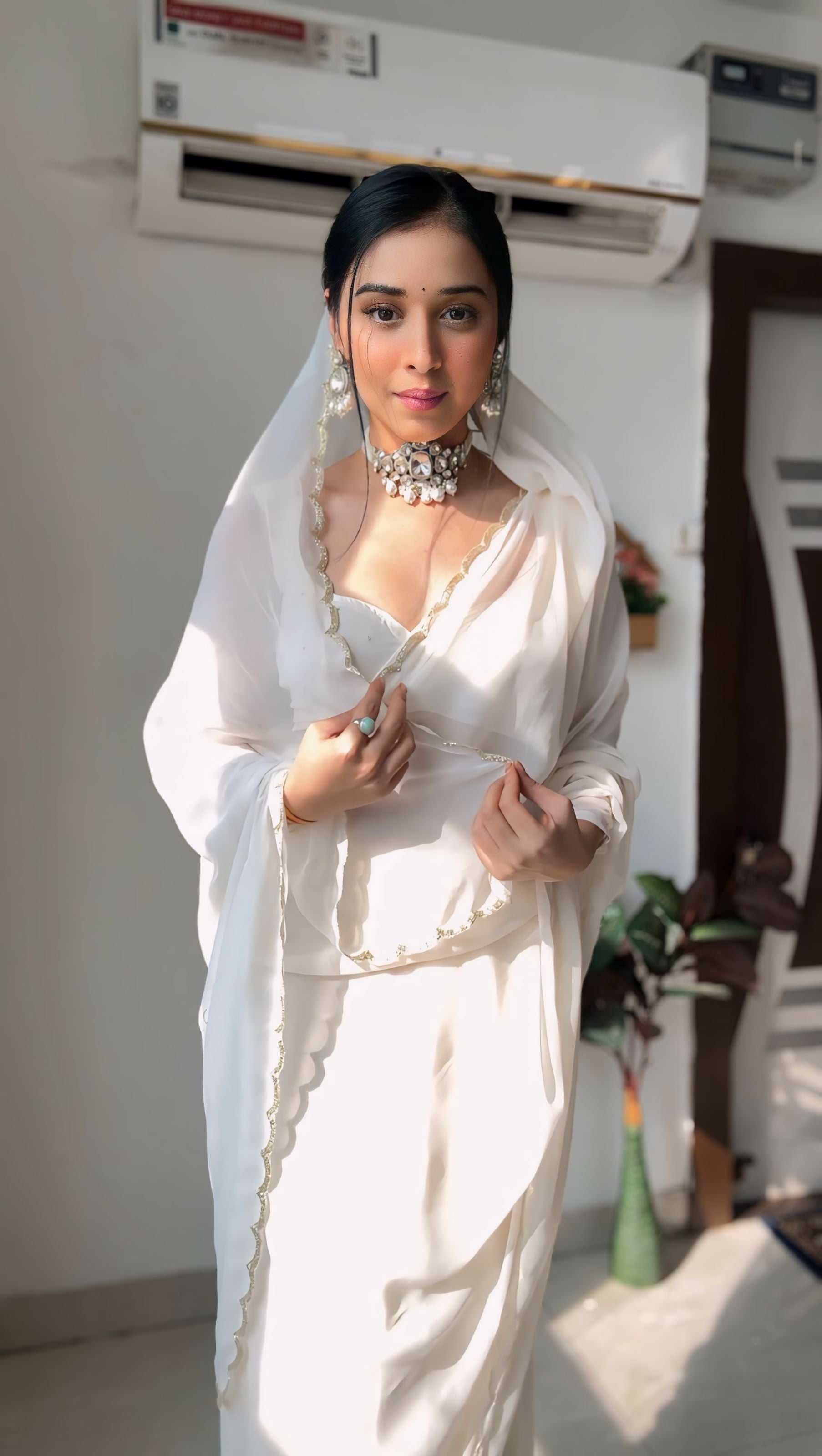 CLOVIRA Elegant Georgette Ready-to-Wear Saree with Handwork Border & Stitched Blouse | Effortless Designer Draping Collection