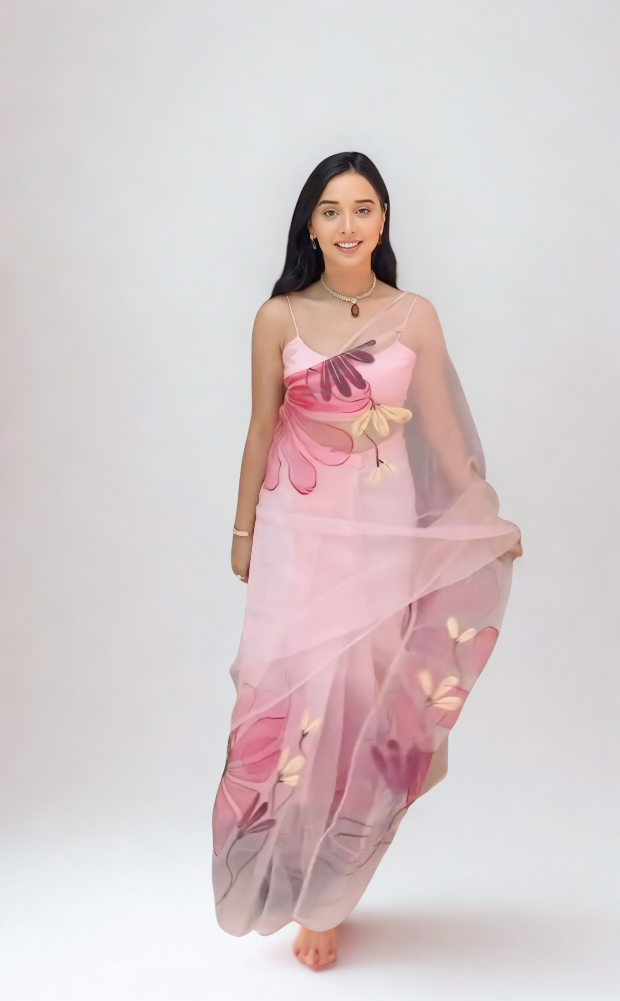 CLOVIRA Light Pink Pure Organza Ready-to-Wear Saree