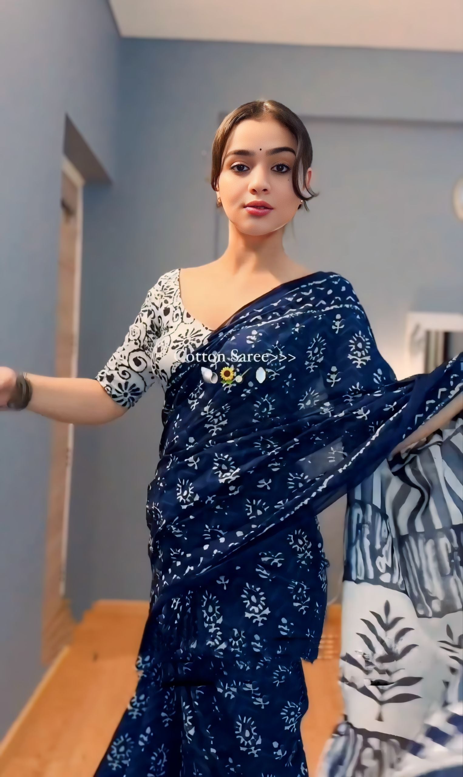 CLOVIRA Navy Blue Pure Soft Cotton Ready-to-Wear Saree