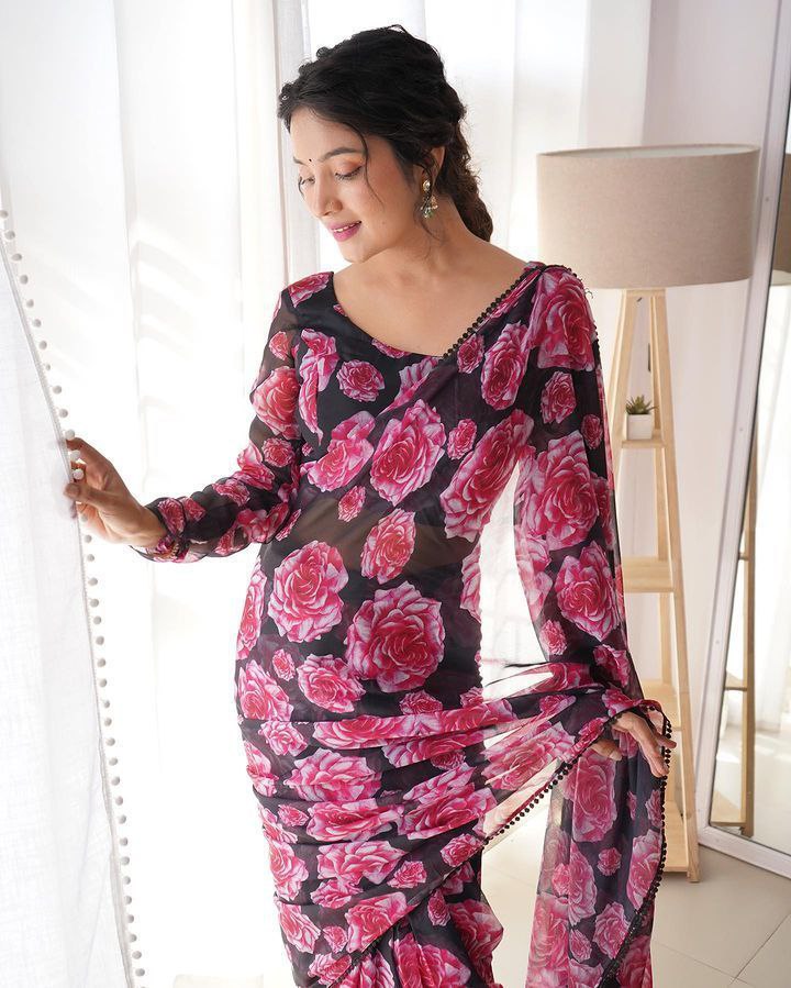 Imperishable Ready-To-Wear Black Georgette Saree | Printed Design with Blouse Piece