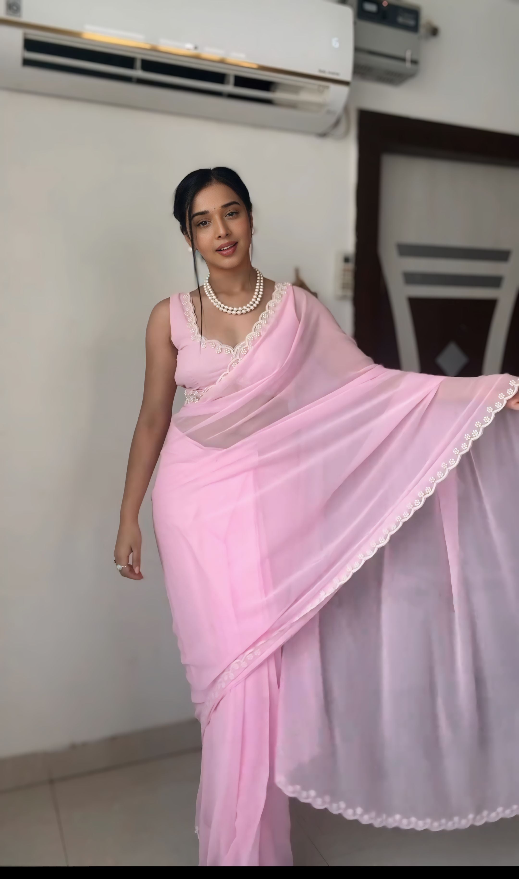 1-Minute Ready-To-Wear Premium Georgette Saree | Handwork & Pearl Detailing with Blouse Piece