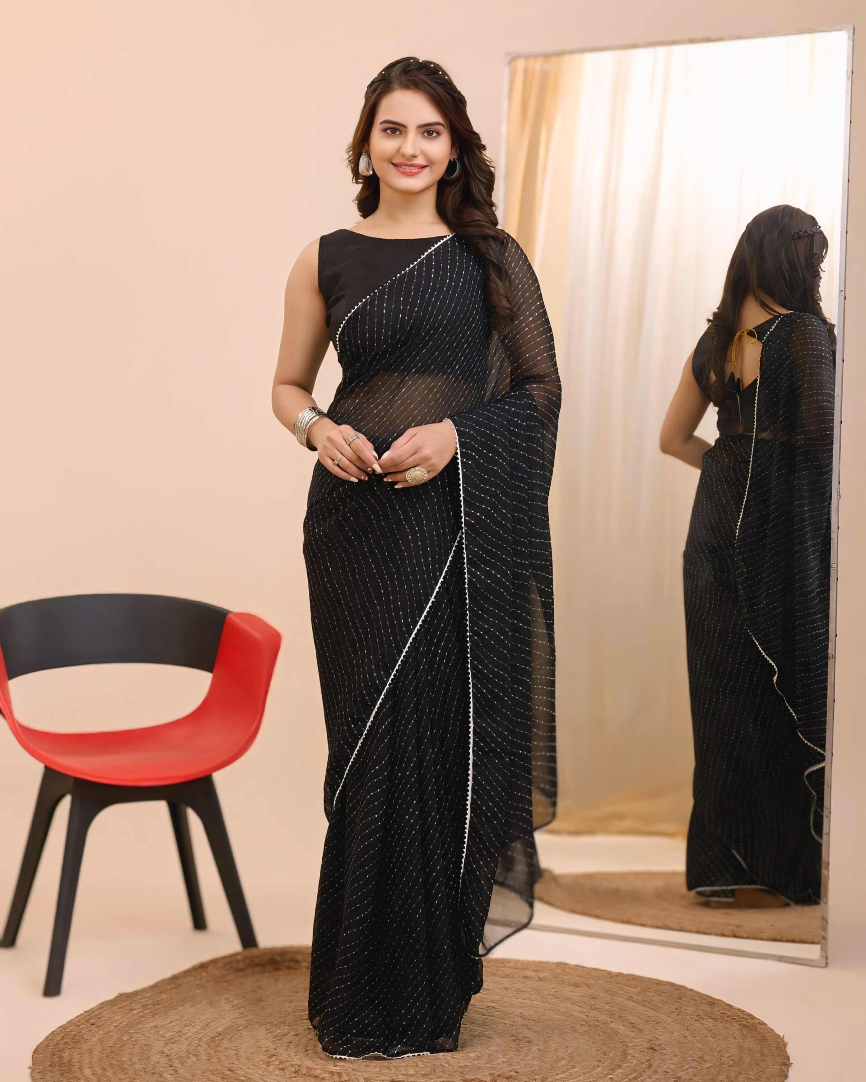Evocative 1-Minute Ready-To-Wear Black Georgette Saree | Printed Design with Black Blouse Piece