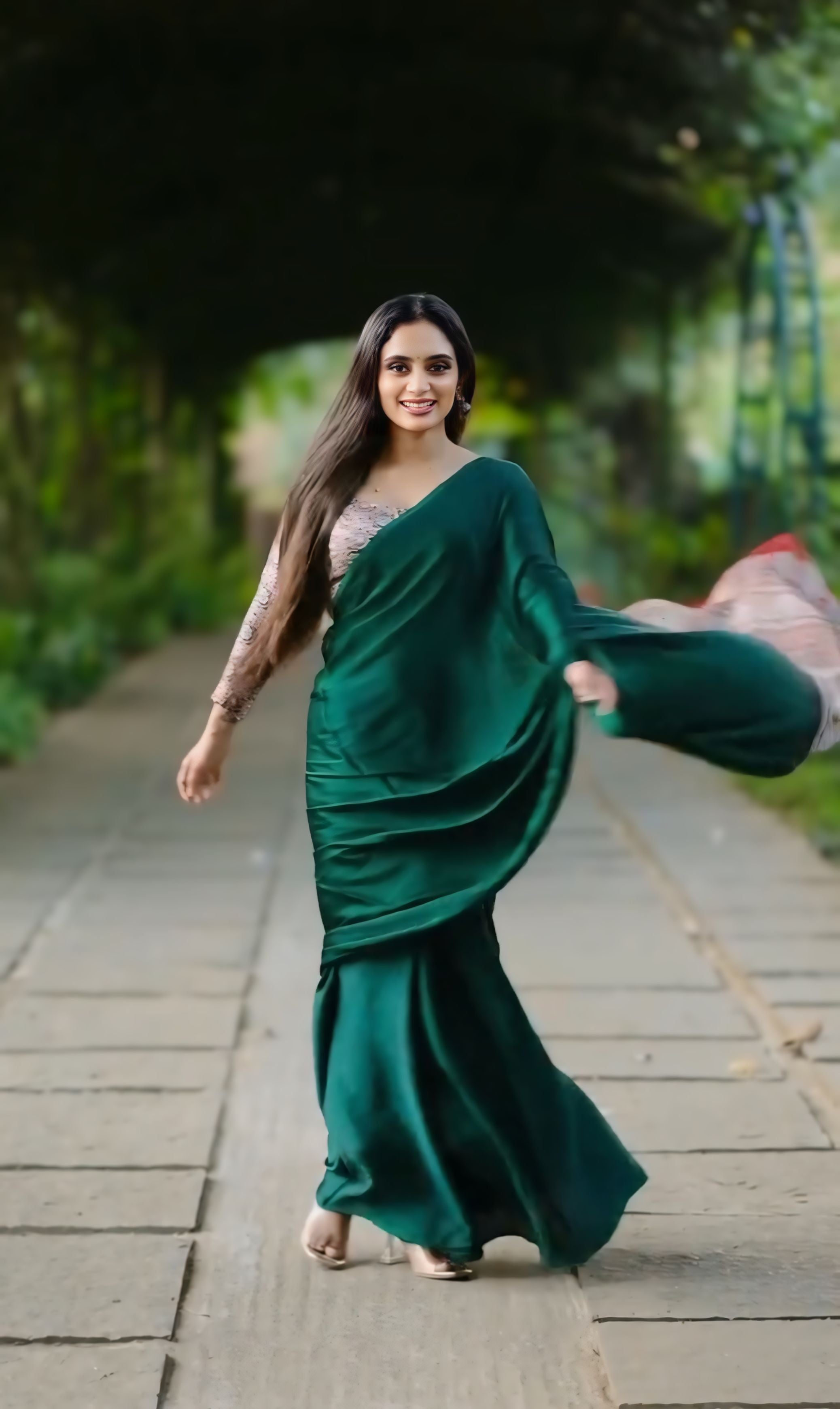 CLOVIRA Opal Green Pure Soft Crepe Silk Ready-to-Wear Saree