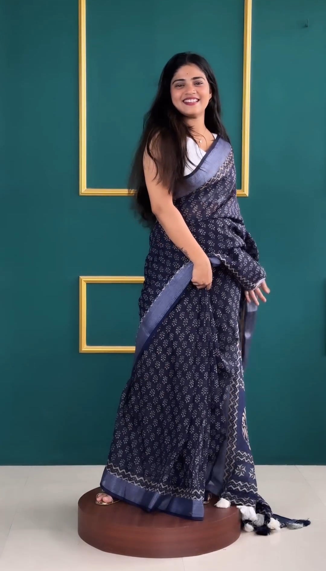 CLOVIRA Navy Blue Pure Soft Cotton Ready-to-Wear Saree