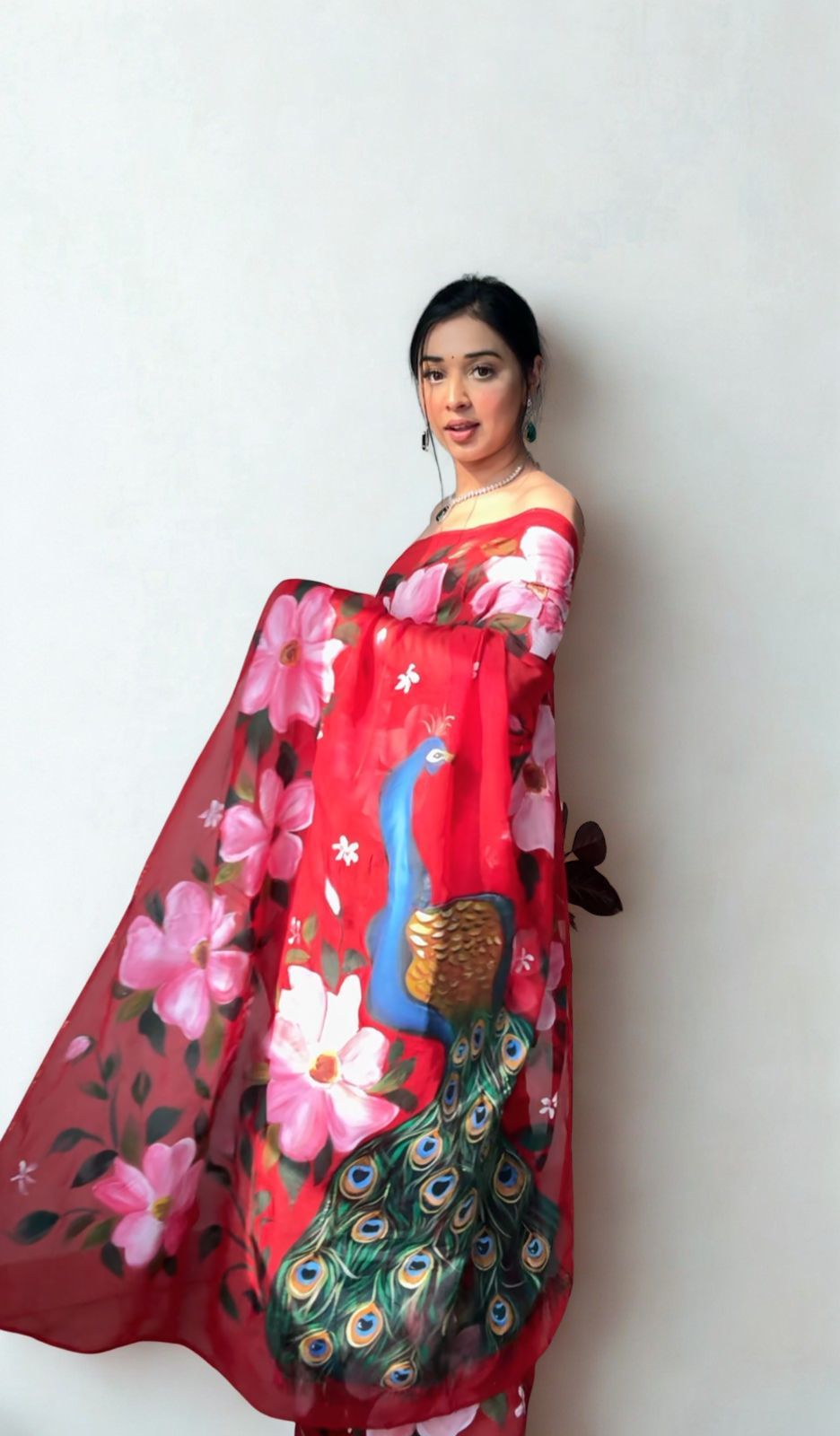 CLOVIRA Red Pure Organza Ready-to-Wear Saree