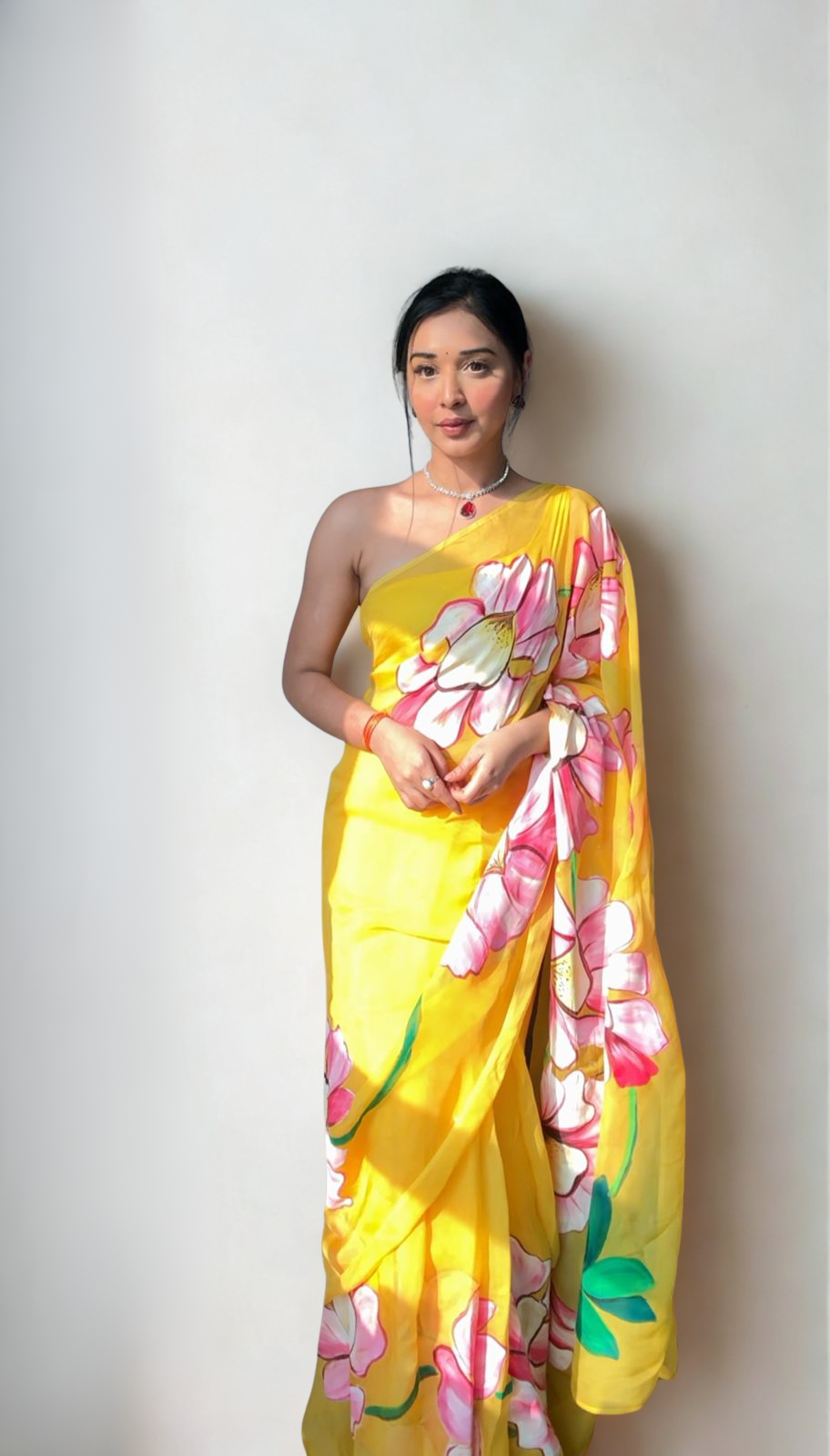 CLOVIRA Yellow Pure Organza Ready-to-Wear Saree
