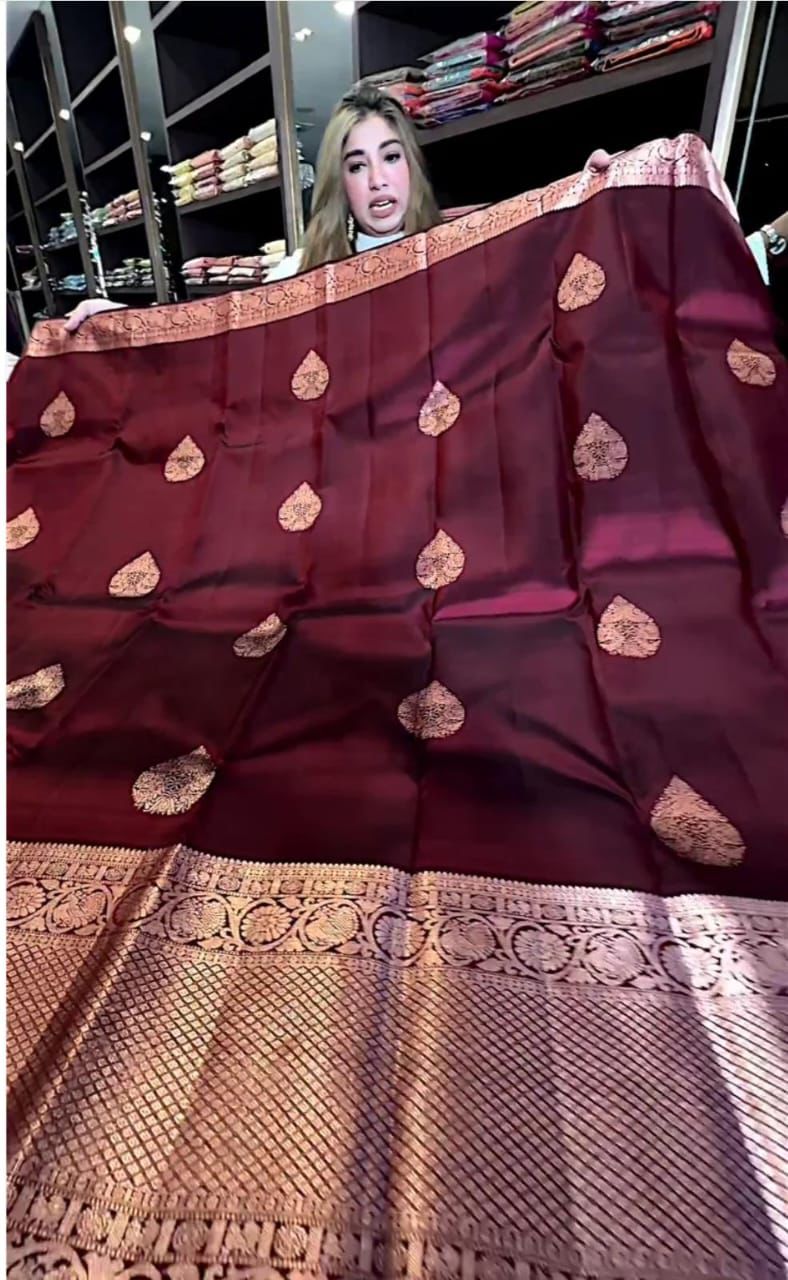 Red Dates New Design Soft Banarasi Silk Saree | Golden Zari Jacquard Work | Unstitched Blouse