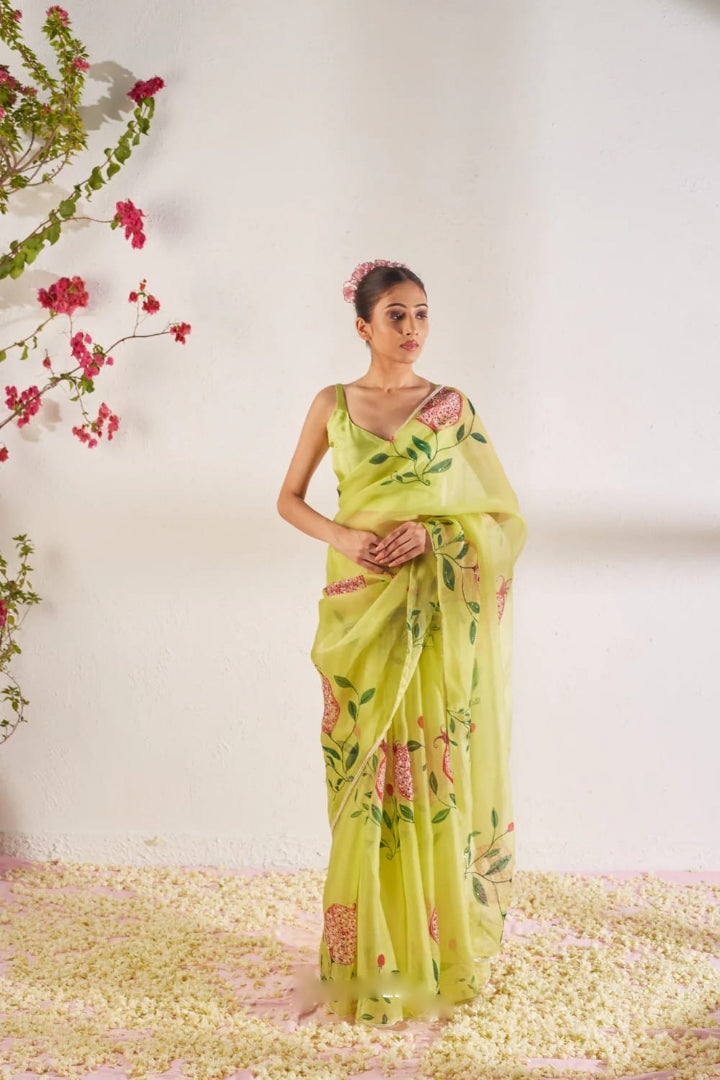 CLOVIRA 1-Minute Ready-to-Wear Organza Silk Saree with Satin Blouse | Printed & Handwork Designer Collection