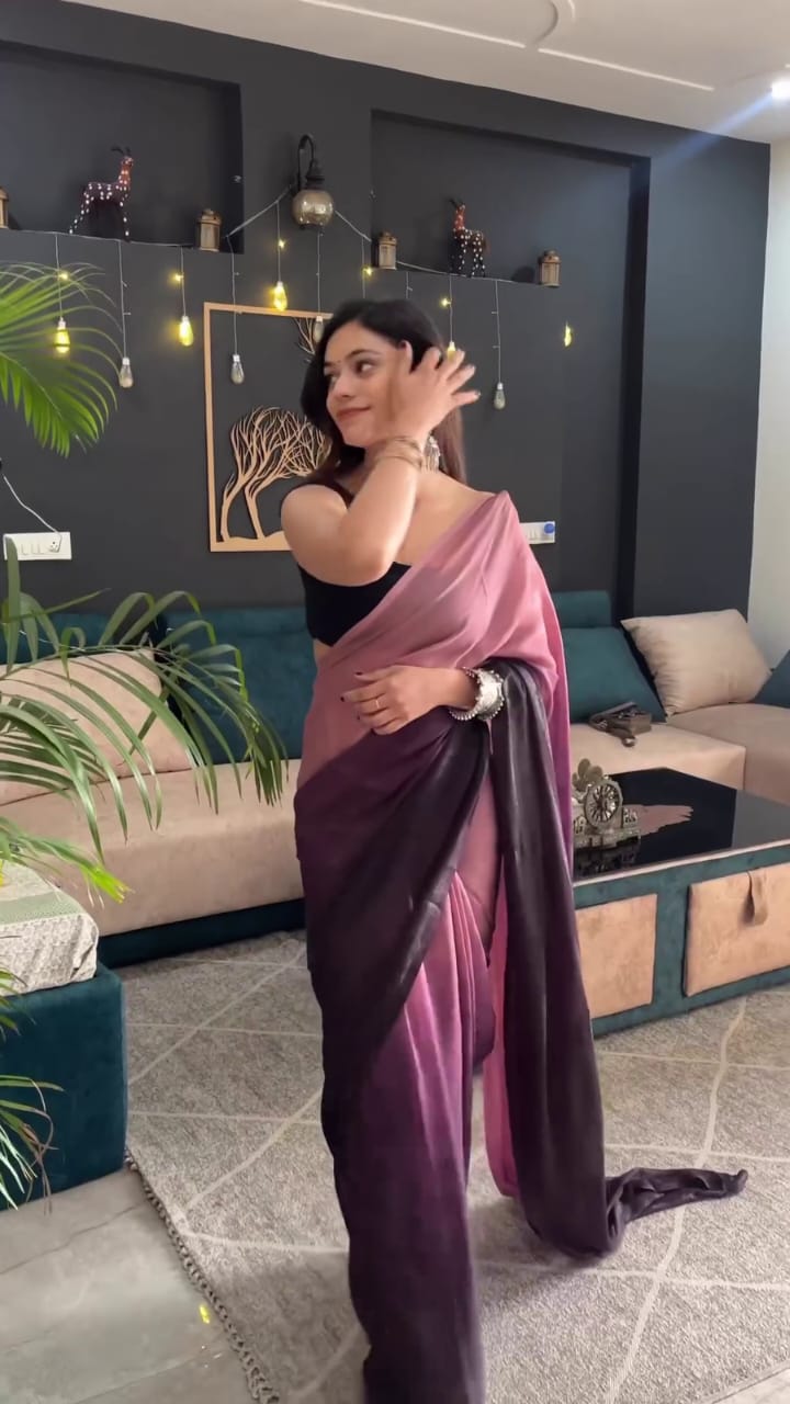 1-Minute Ready-To-Wear Dusty Rose & Wine Purple Dual-Tone Georgette Saree with Dark Brown Border | Printed Design with Blouse Piece