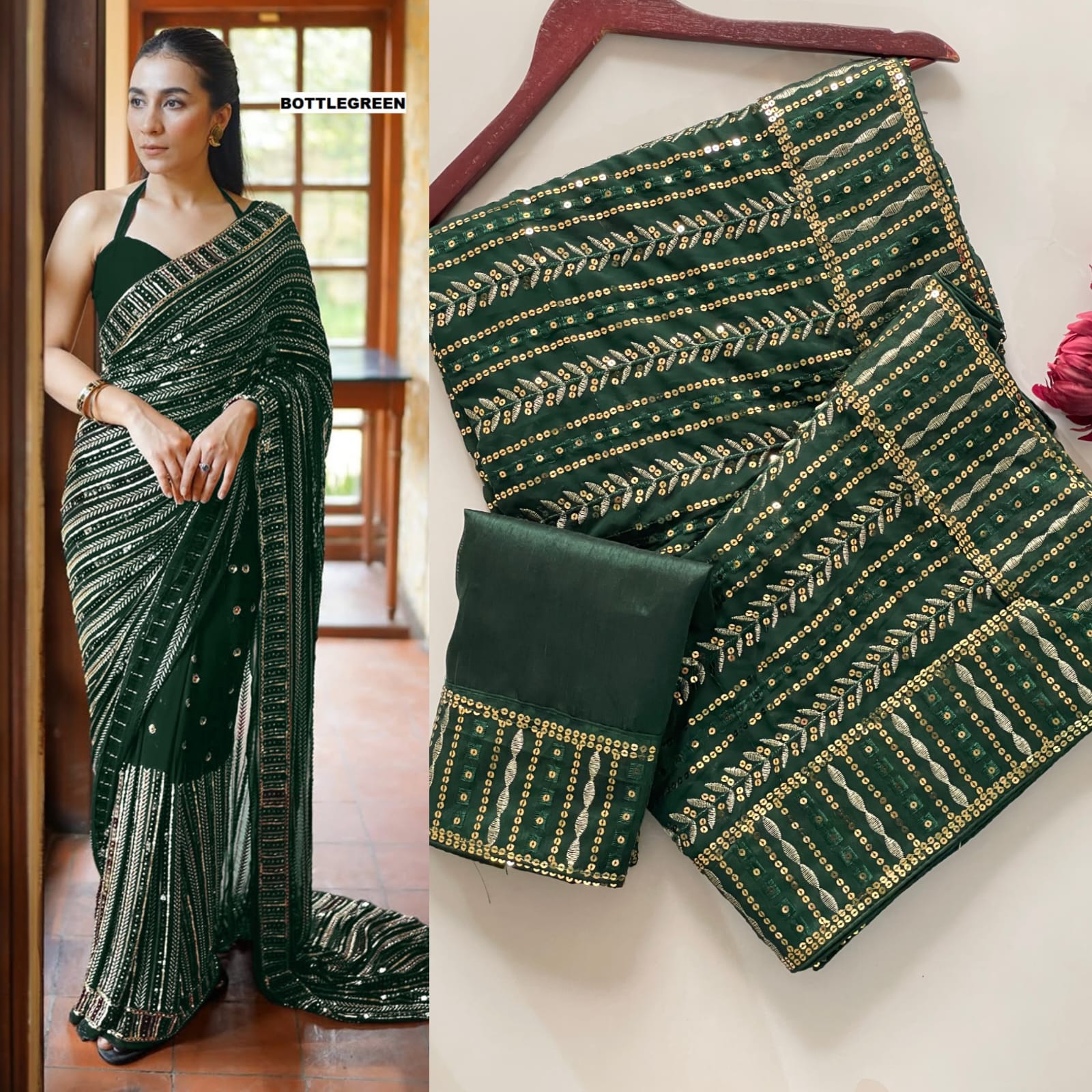 CLOVIRA Heavy Faux Georgette Saree with Sequins & Embroidery Work