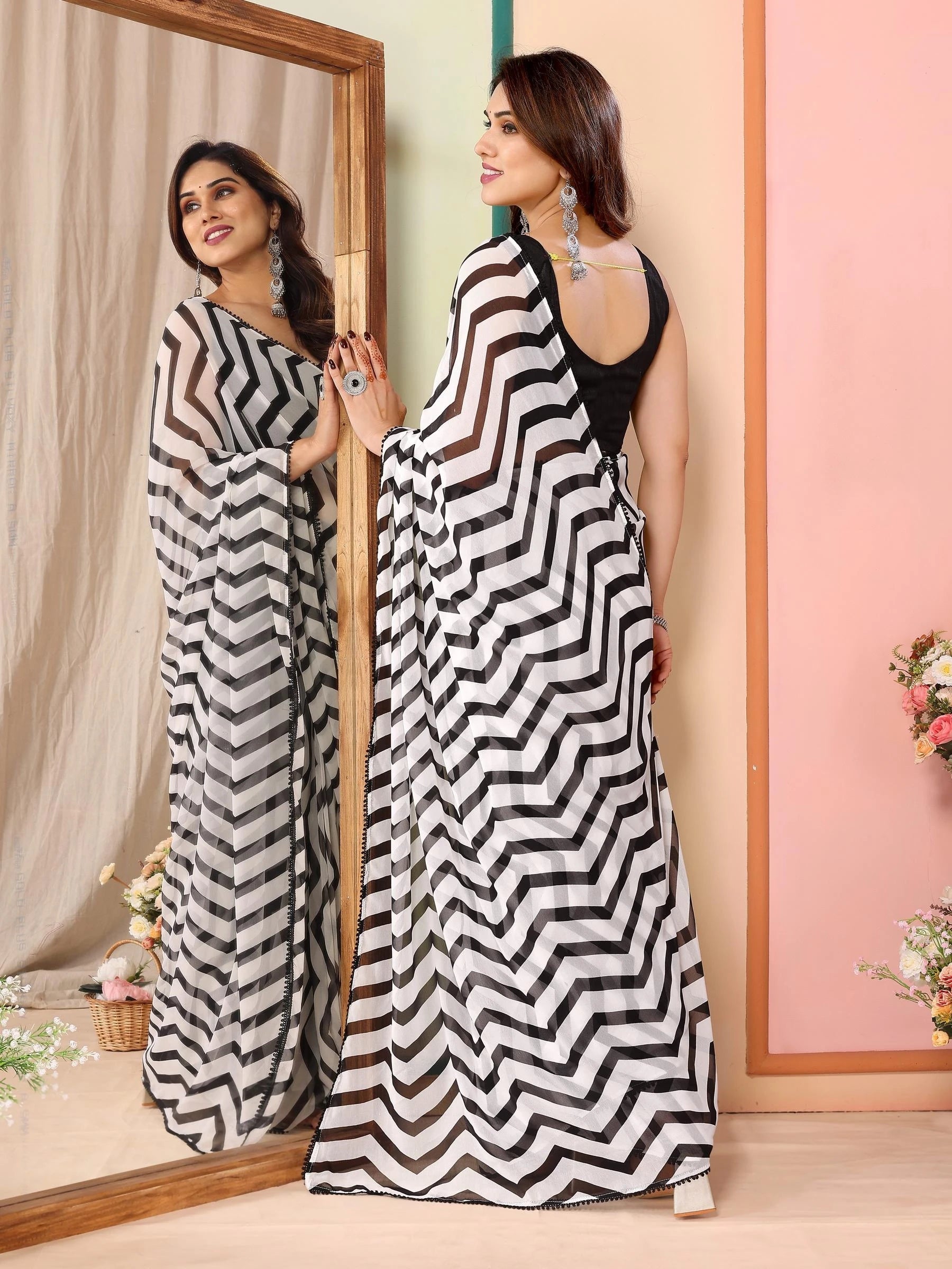 1-Minute Ready-To-Wear White Georgette Saree | Printed Design with Black Blouse Piece