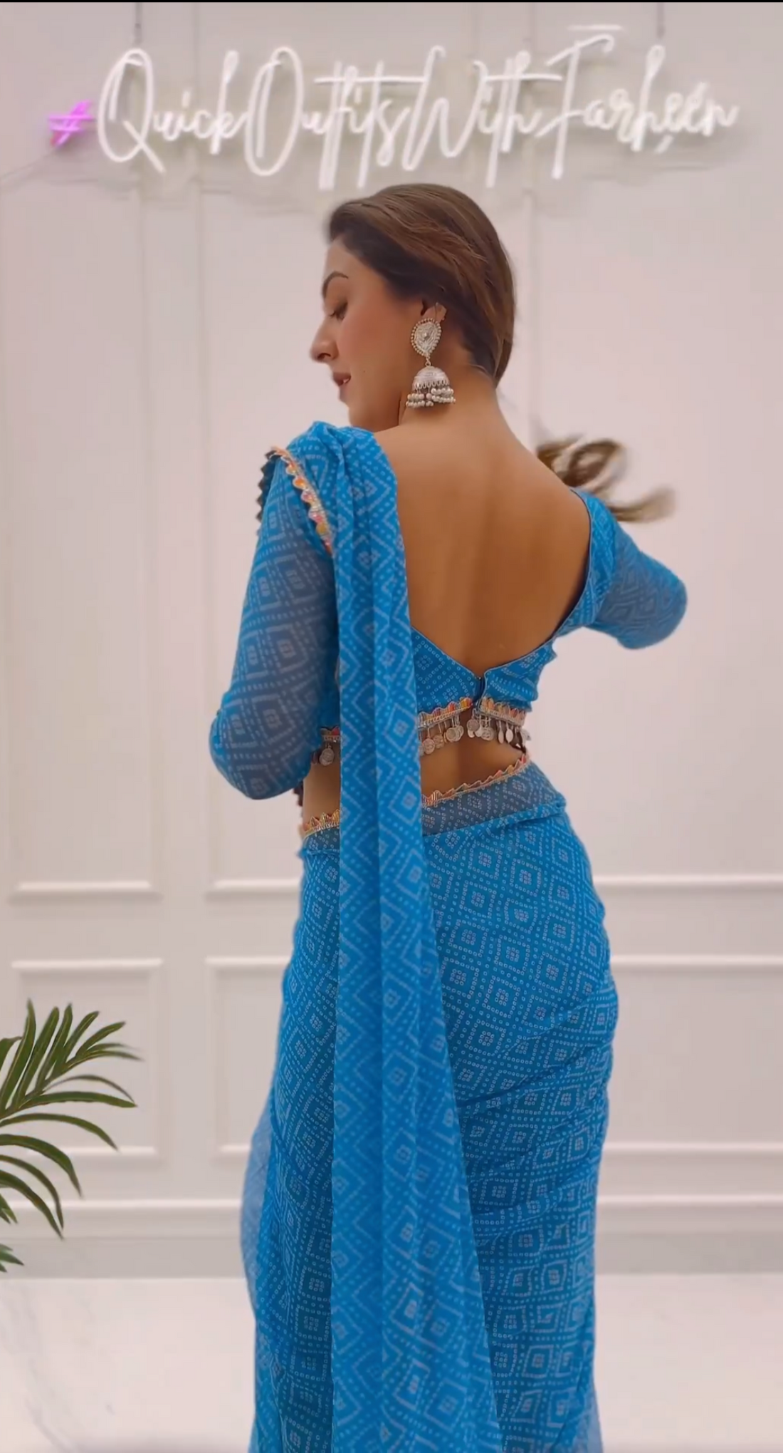 CLOVIRA Winsome 1-Minute Ready-To-Wear Blue Georgette Saree | Printed Design with Lace Border & Blouse Piece