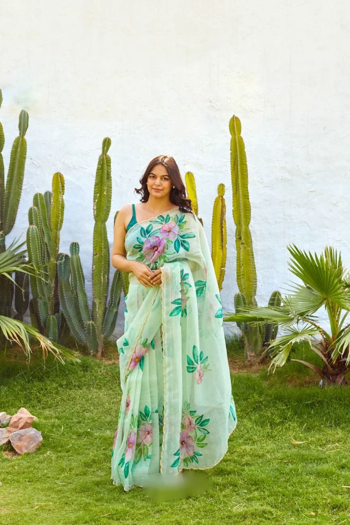 Exquisite 1-Minute Ready-To-Wear Organza Silk Saree | Printed Design with Border Work & Blouse Piece