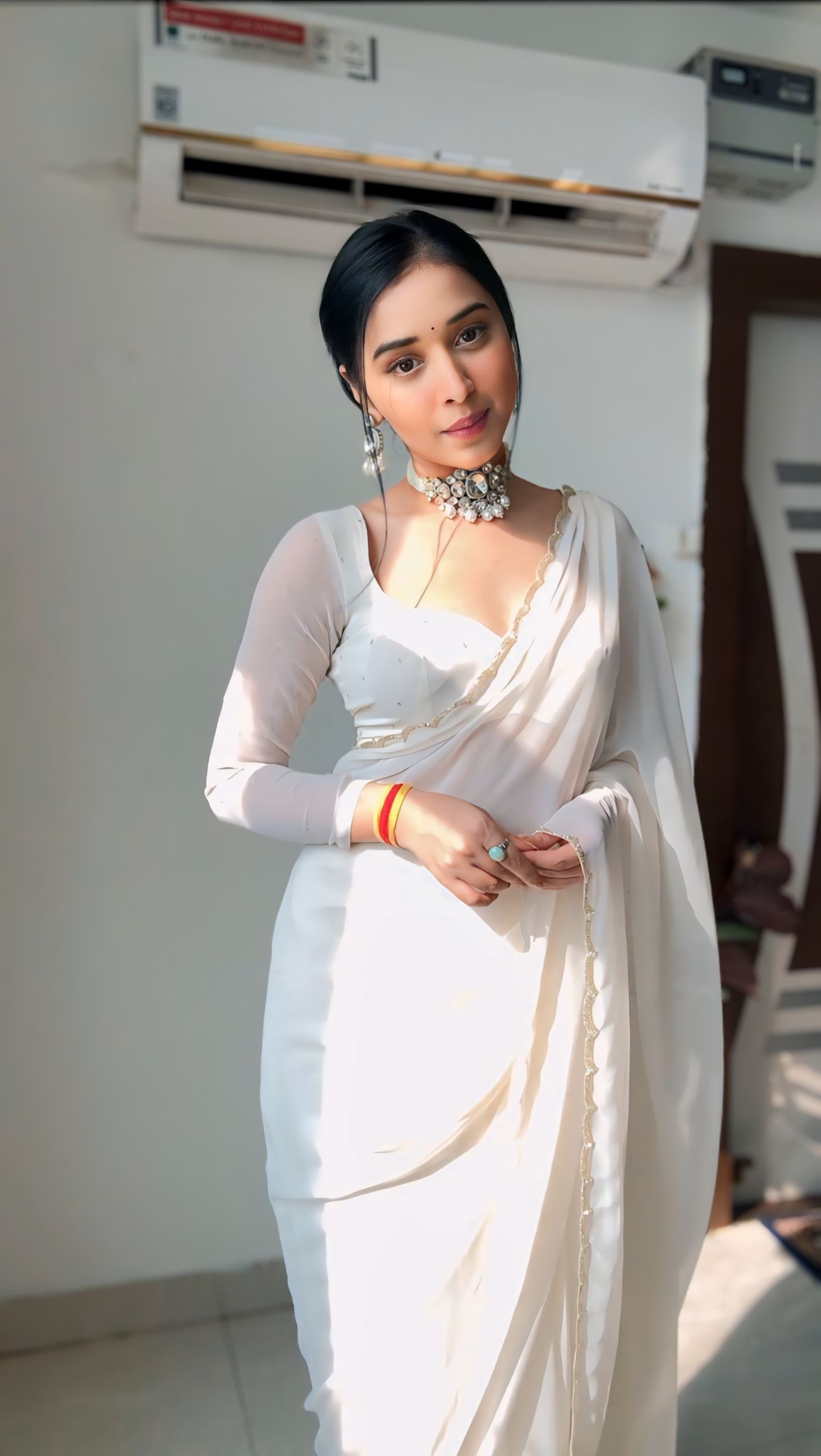 CLOVIRA Elegant Georgette Ready-to-Wear Saree with Handwork Border & Stitched Blouse | Effortless Designer Draping Collection