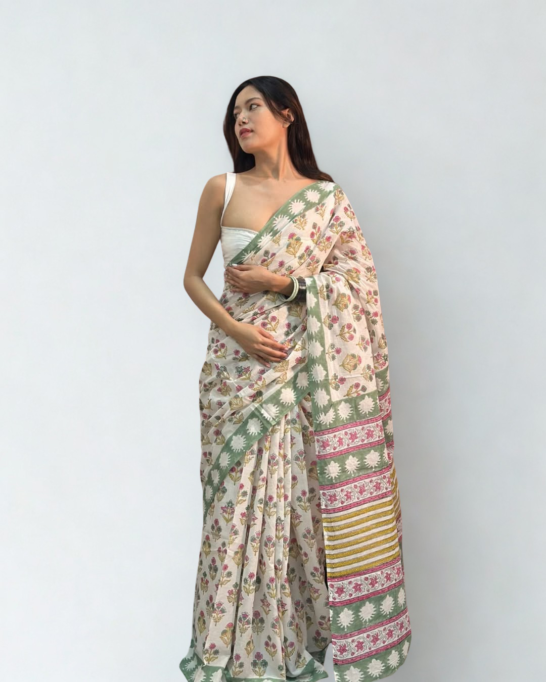 CLOVIRA Pure Soft Mul Cotton Silk Ready-to-Wear Saree with Pocket