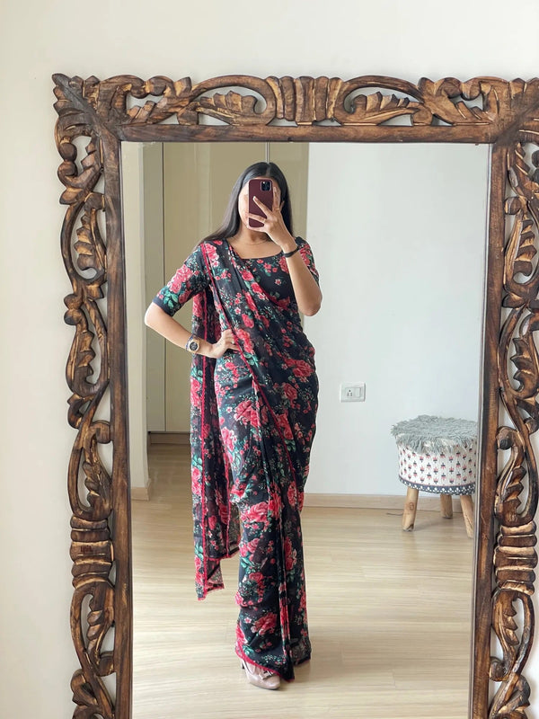 Classic Ready-To-Wear Georgette Saree | Printed Design with Blouse Piece