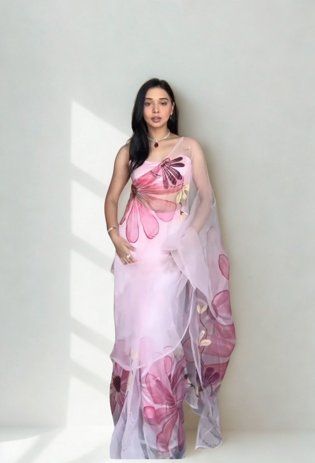 CLOVIRA Light Pink Pure Organza Ready-to-Wear Saree