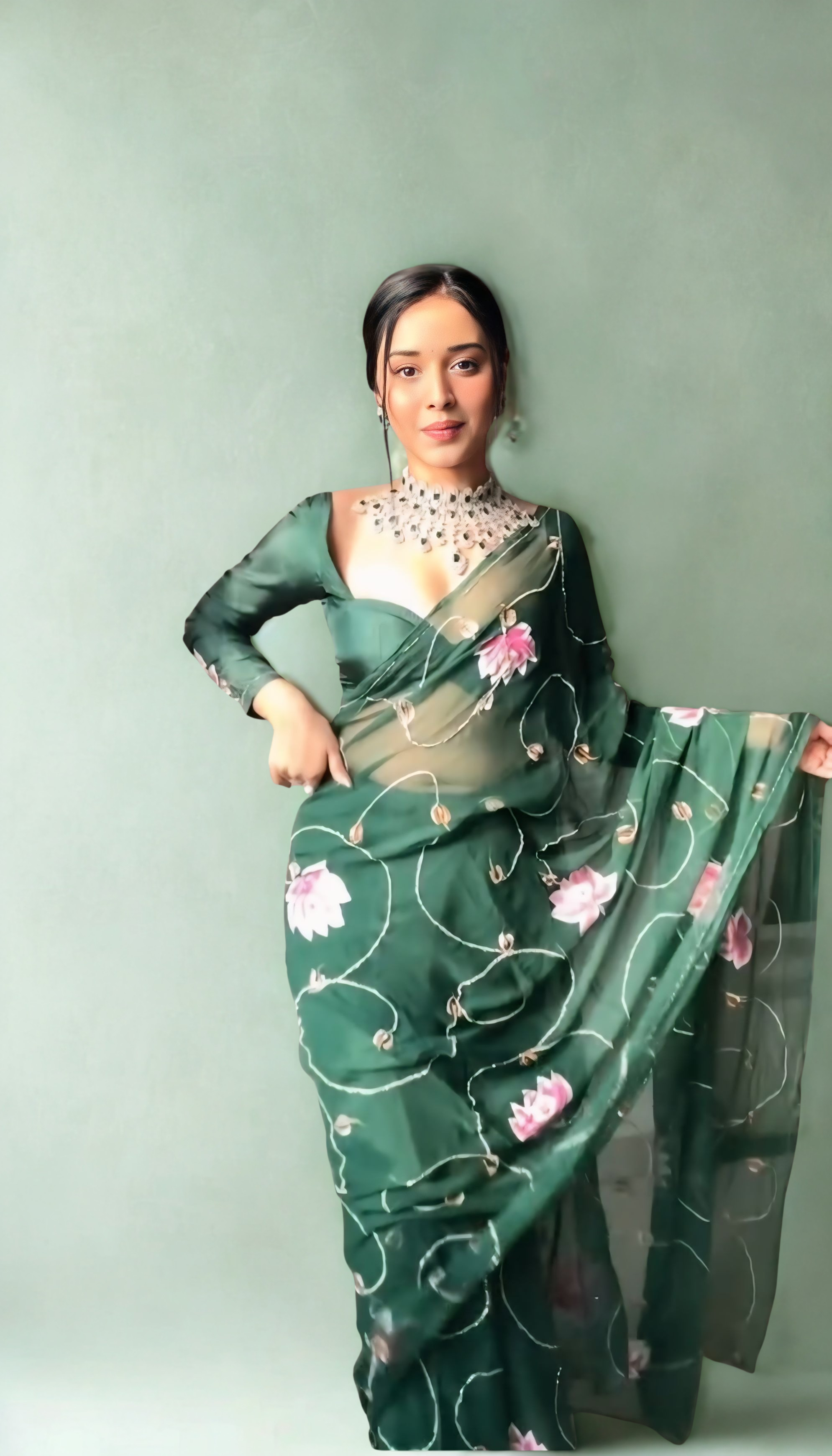 CLOVIRA Green Pure Organza Ready-to-Wear Saree