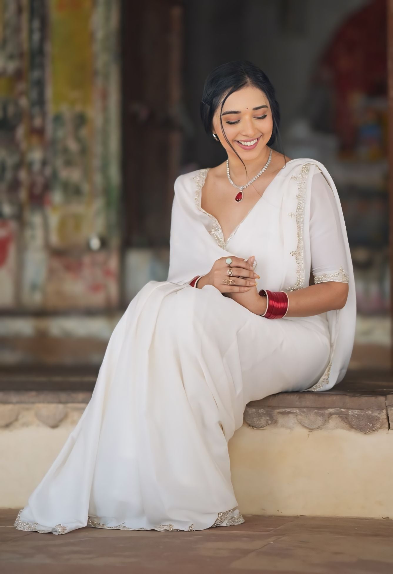 CLOVIRA 1-Minute Ready-to-Wear Rangoli Silk Saree with Handwork Border & Stitched Blouse | Effortless Luxury Collection