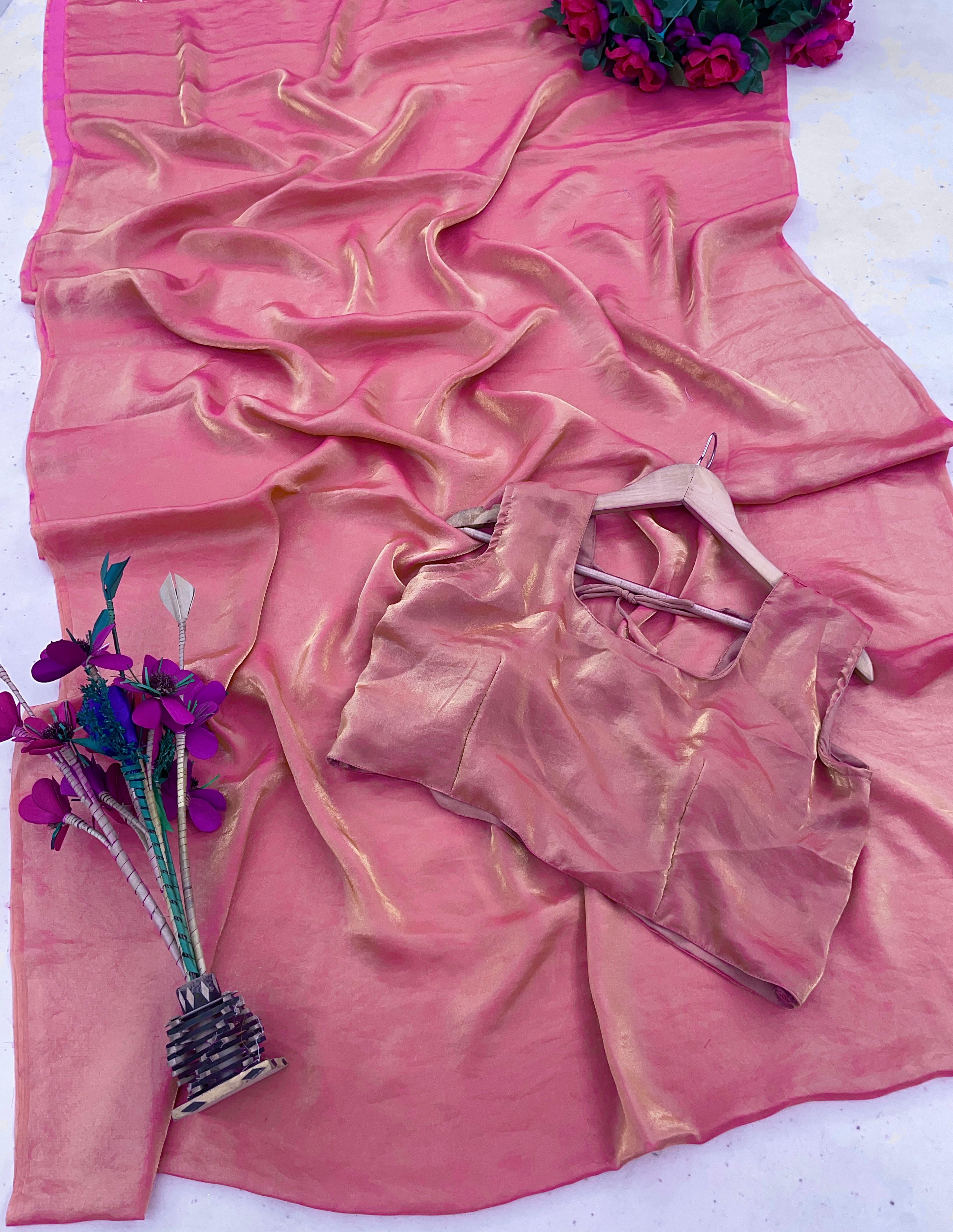 CLOVIRA Metallic Rose Pink Fancy Silk Saree