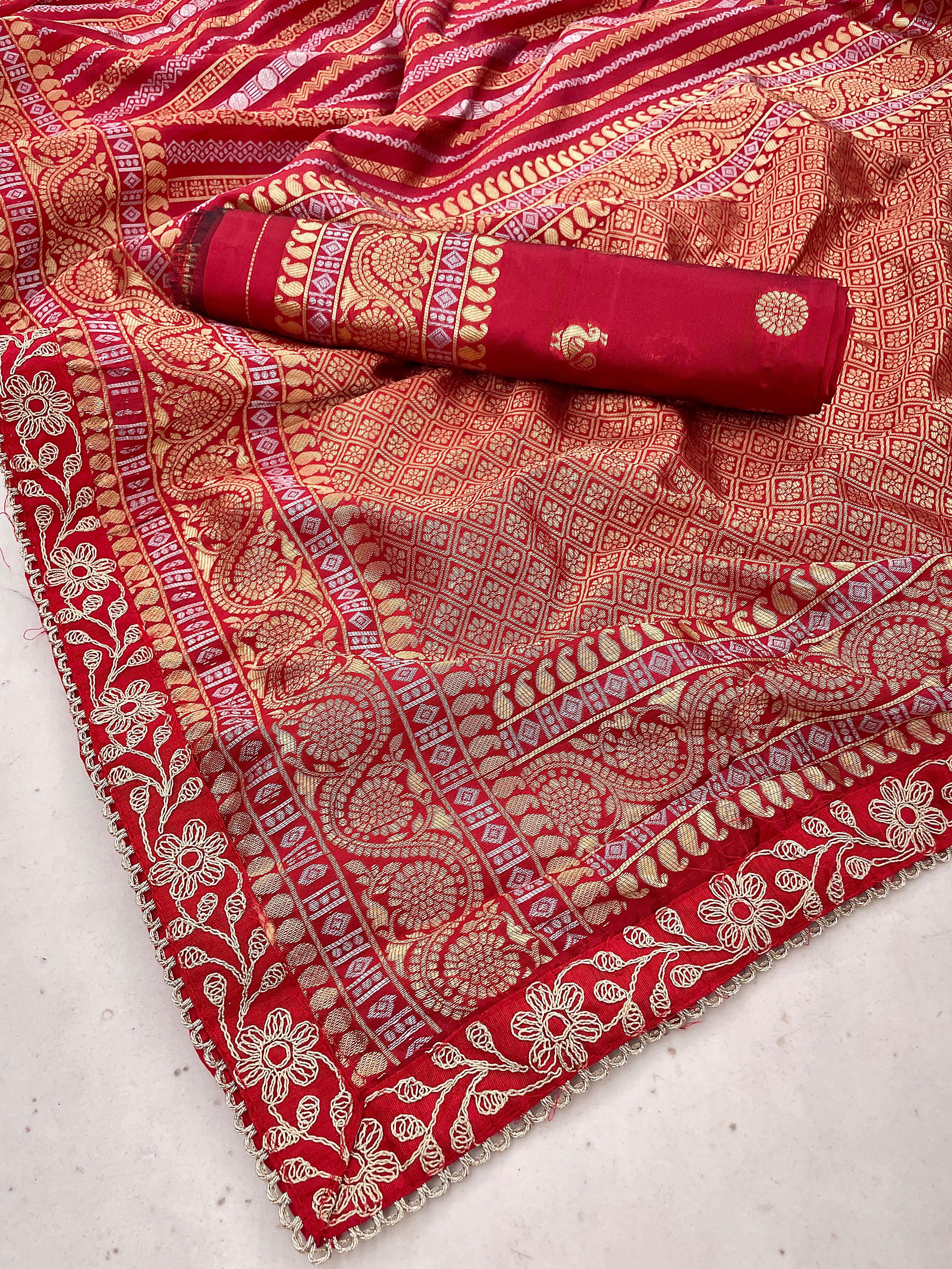 CLOVIRA Red Soft Silk Jacquard Saree