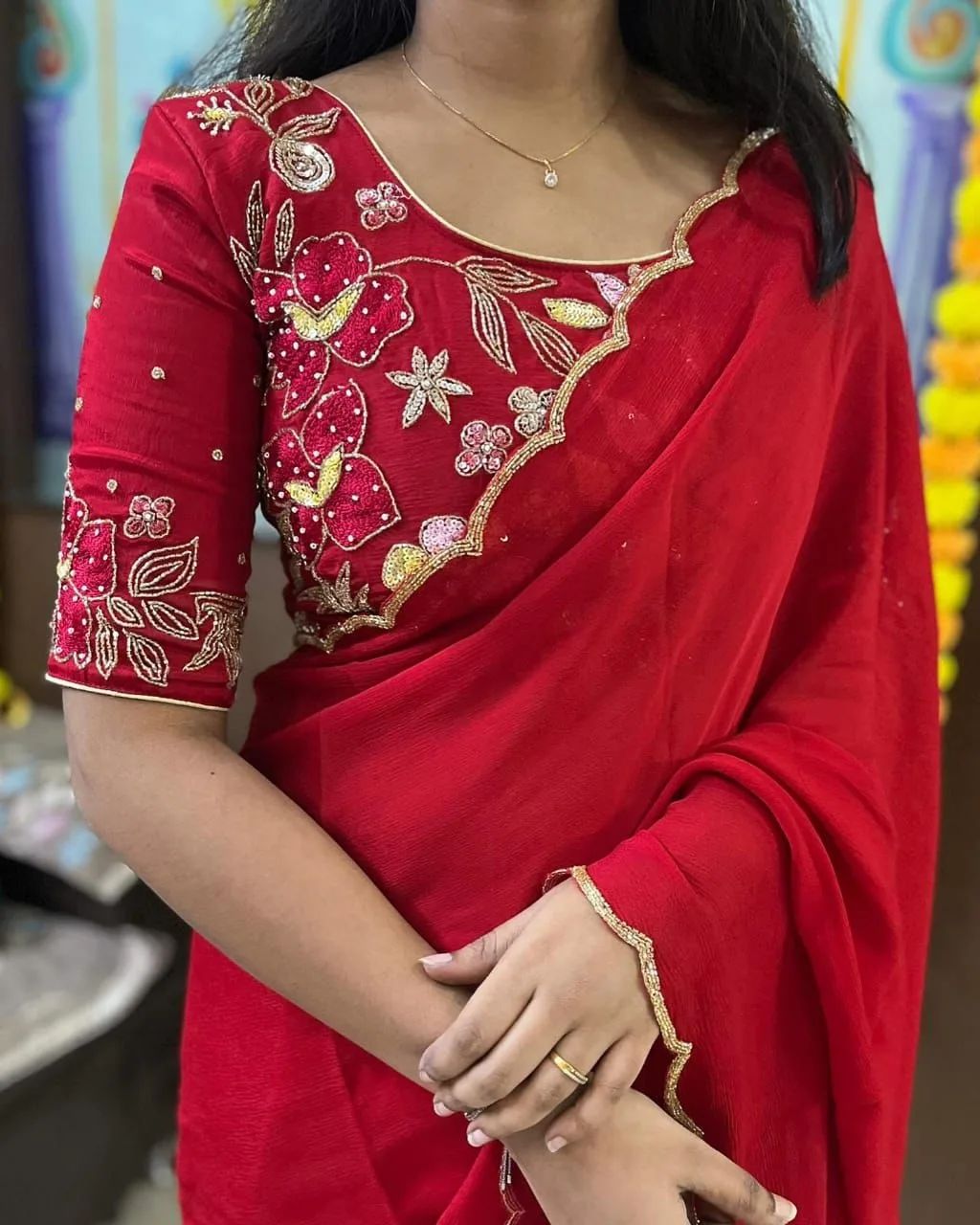 Exquisite 1-Minute Ready-To-Wear Peach Georgette Saree | Printed Design with Border Work & Blouse Piece