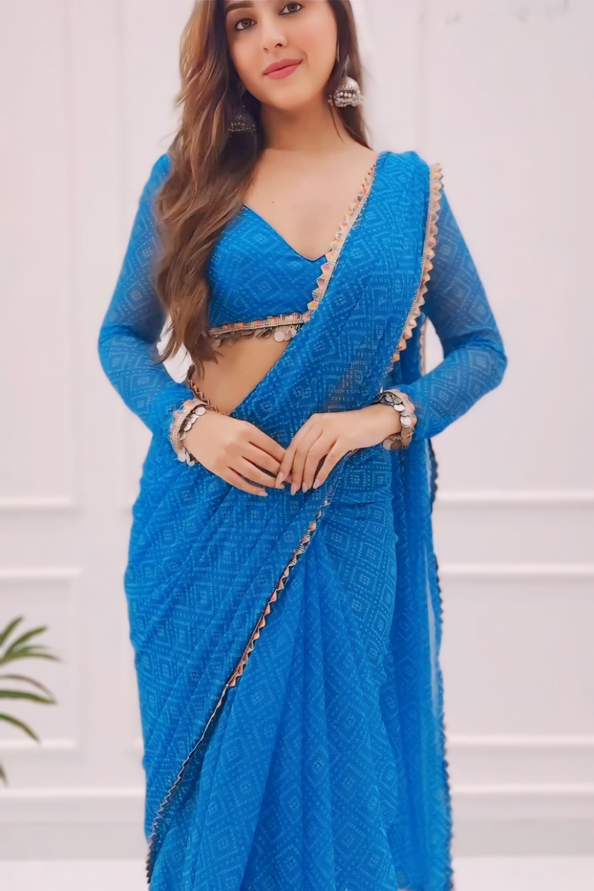 CLOVIRA Winsome 1-Minute Ready-To-Wear Blue Georgette Saree | Printed Design with Lace Border & Blouse Piece