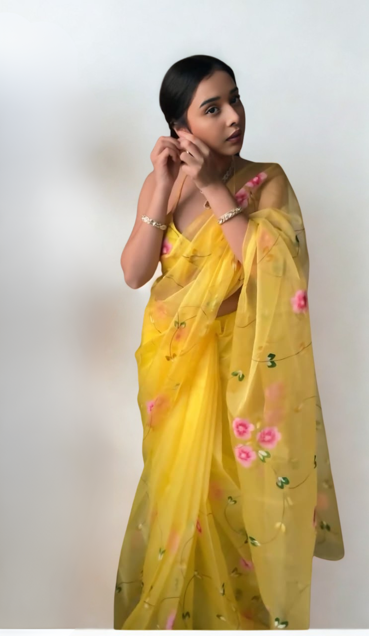 CLOVIRA Sunflower Yellow Pure Organza Ready-to-Wear Saree