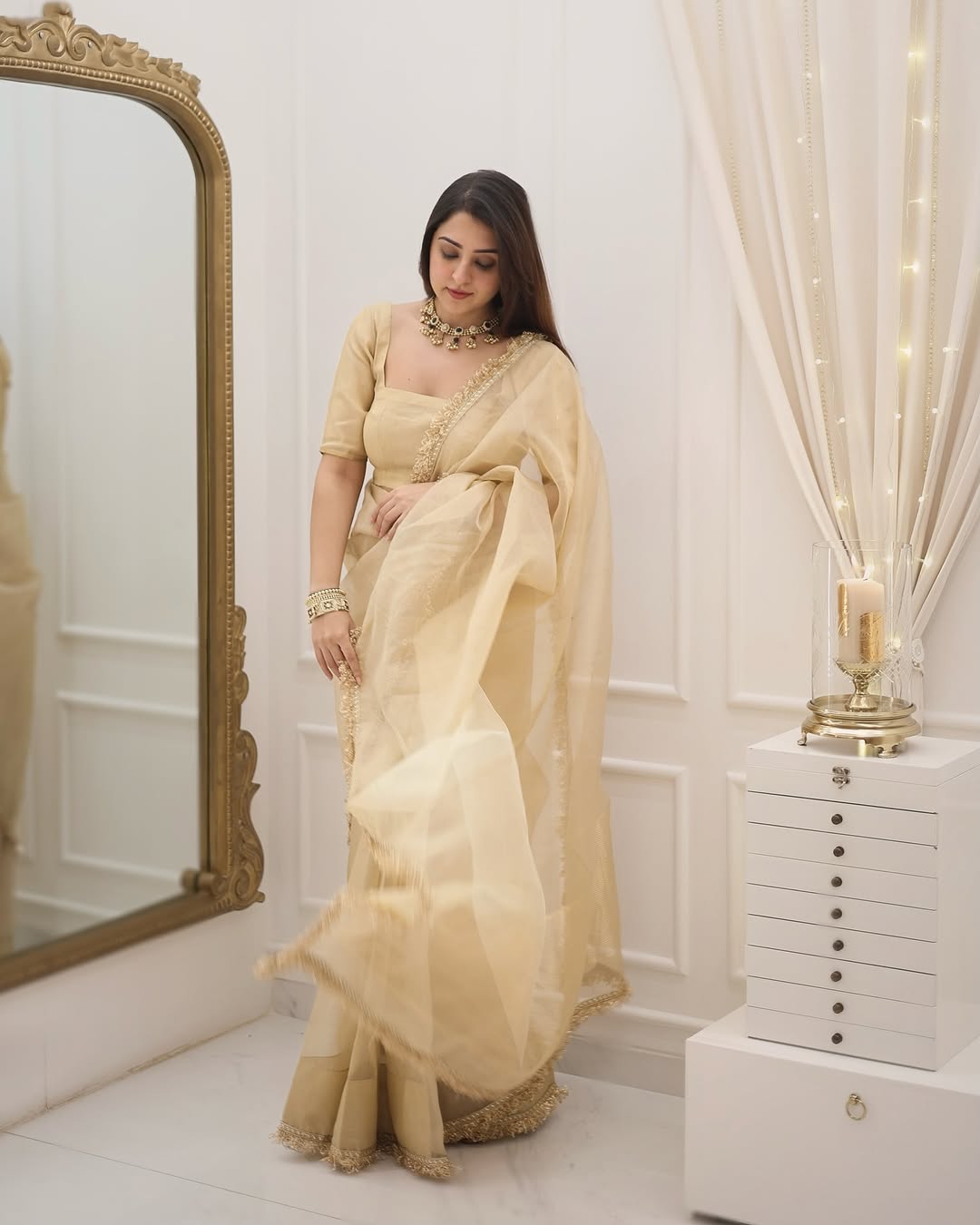 Unequalled 1-Minute Ready-To-Wear Beige Chanderi Cotton Silk Saree | Embroidery Border with Blouse Piece