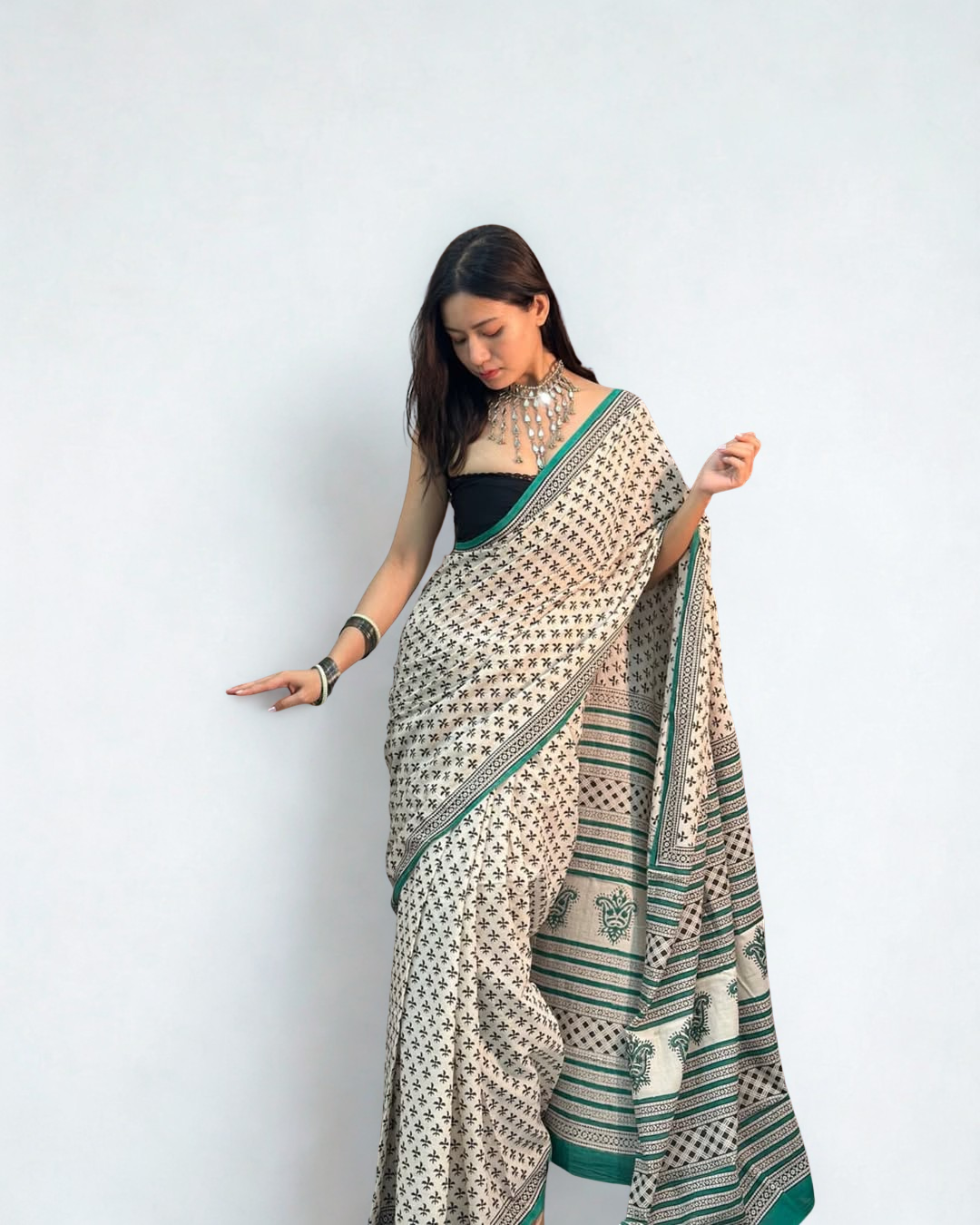 CLOVIRA Pure Soft Mul Cotton Silk Ready-to-Wear Saree with Pocket