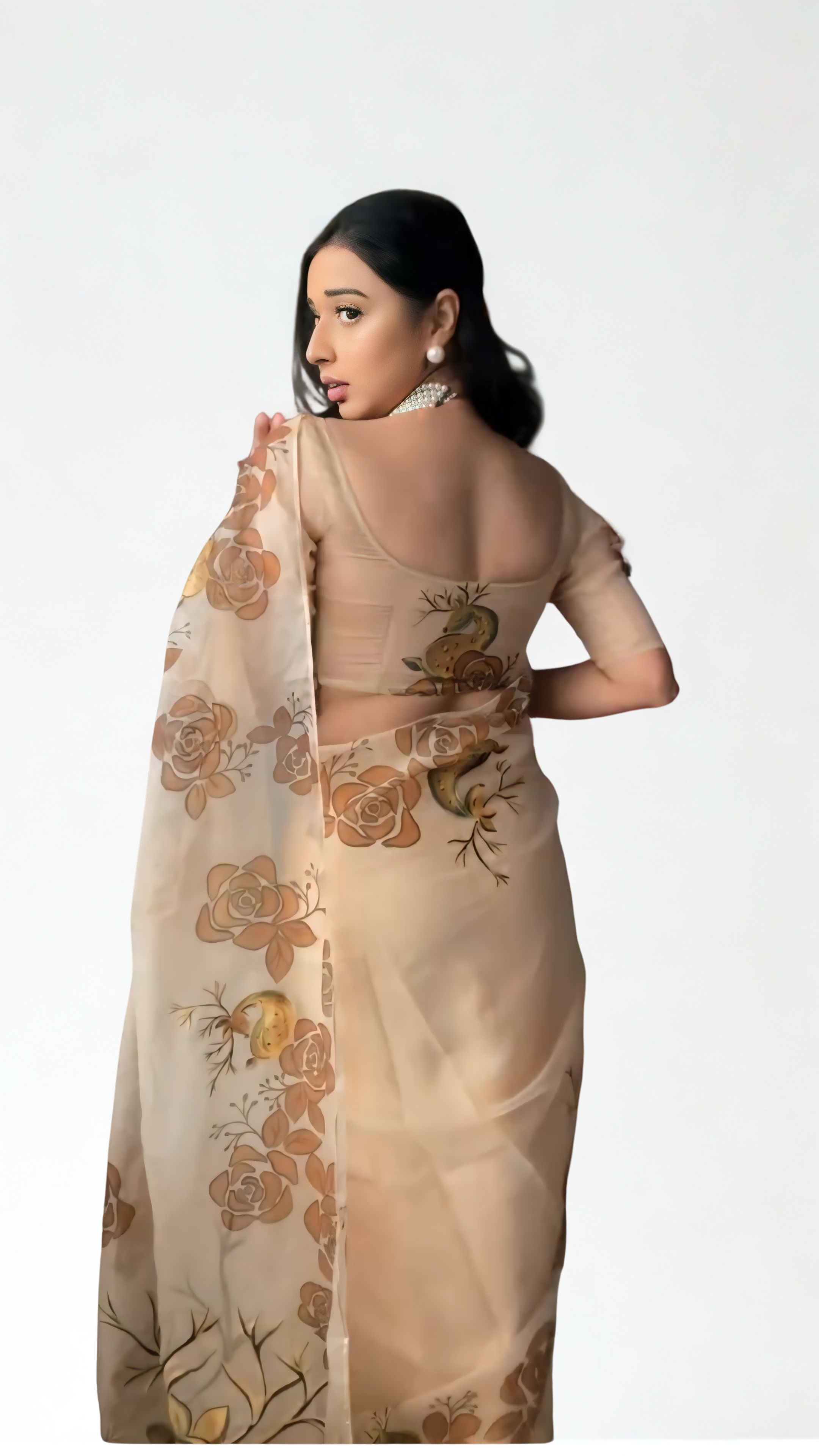 CLOVIRA Beige Pure Organza Ready-to-Wear Saree