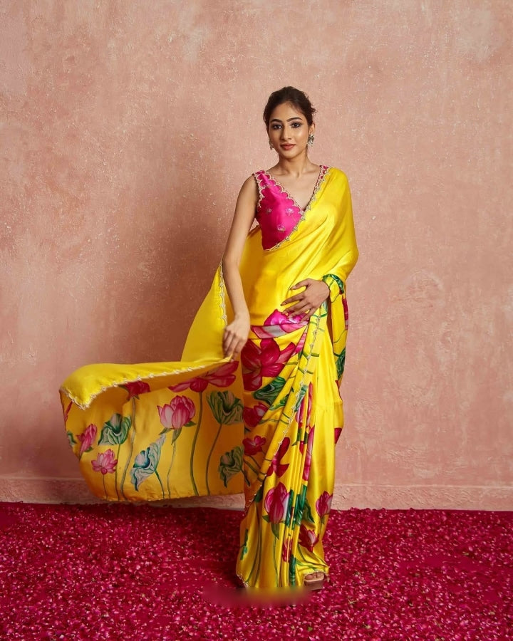 CLOVIRA 1-Minute Ready-to-Wear Satin Silk Saree with Printed & Handwork Border | Luxurious Designer Collection