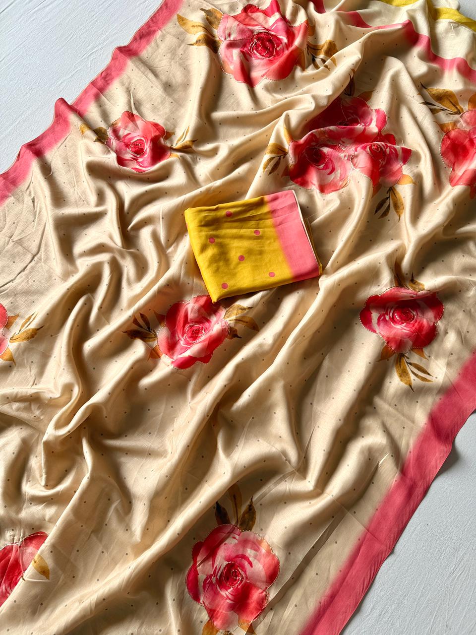 Soft Tusser Silk Saree with 3D Floral Digital Print & Aari Work