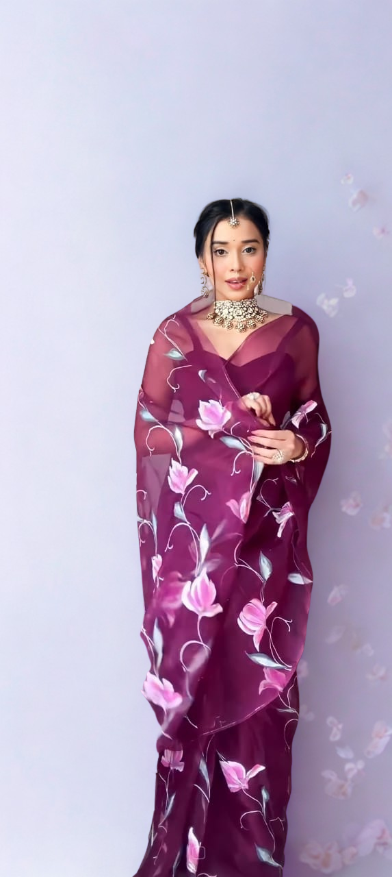 CLOVIRA Purple Pure Organza Ready-to-Wear Saree