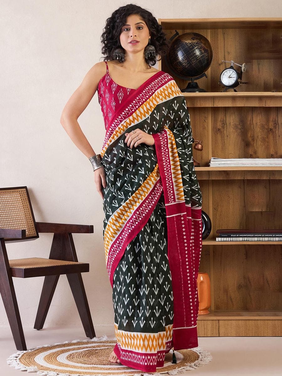 CLOVIRA Pure Soft Mul Cotton Silk Ready-to-Wear Saree with Pocket