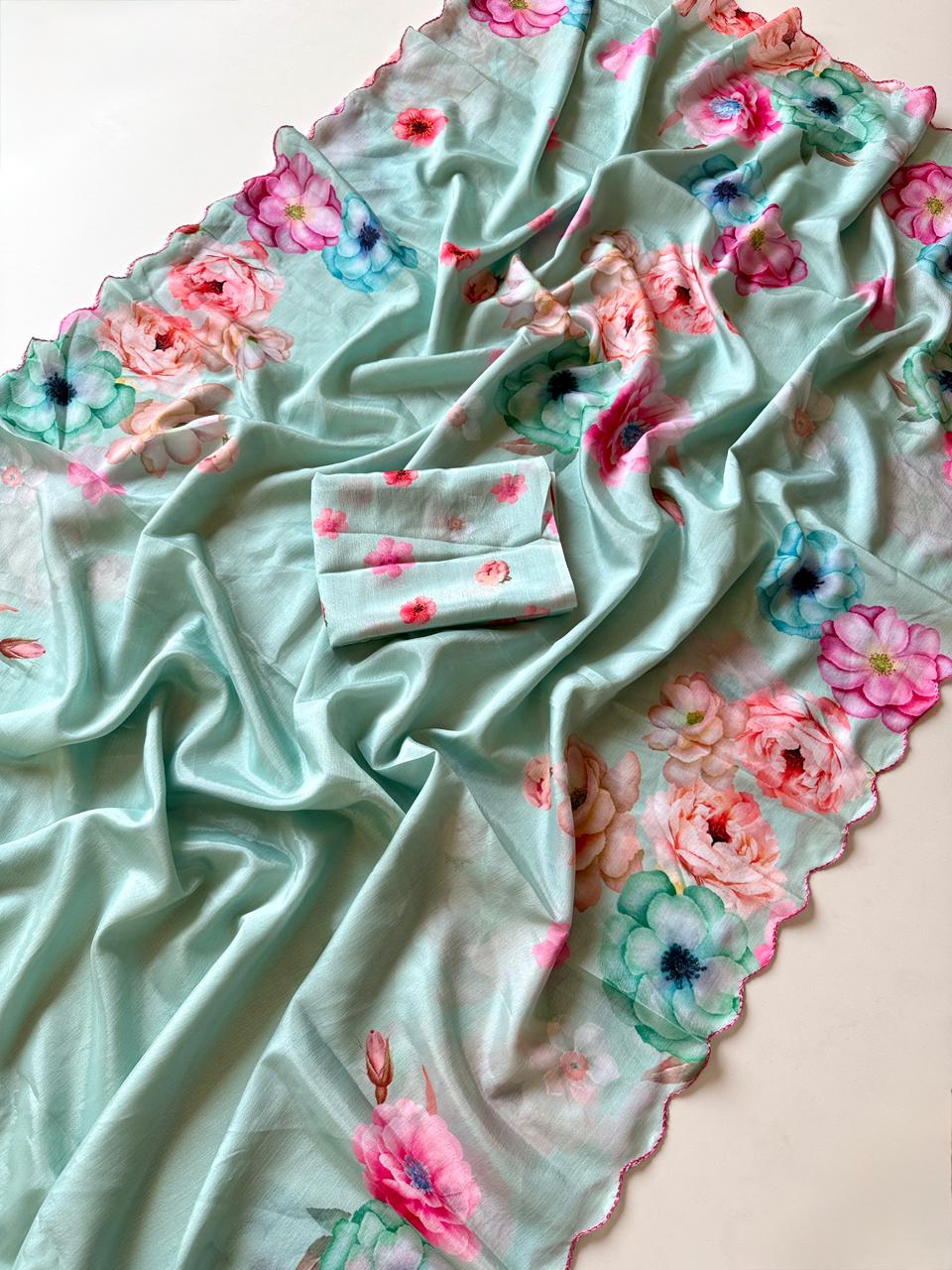 Soft Chinon Saree with Floral Print & Contrast Arco Cutwork Border