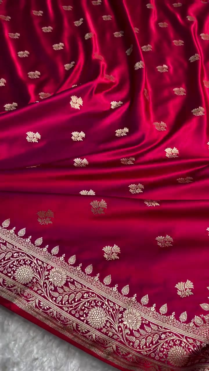 Regal Deep Maroon Satin Silk Saree with Golden Zari Butta & Rich Woven Border