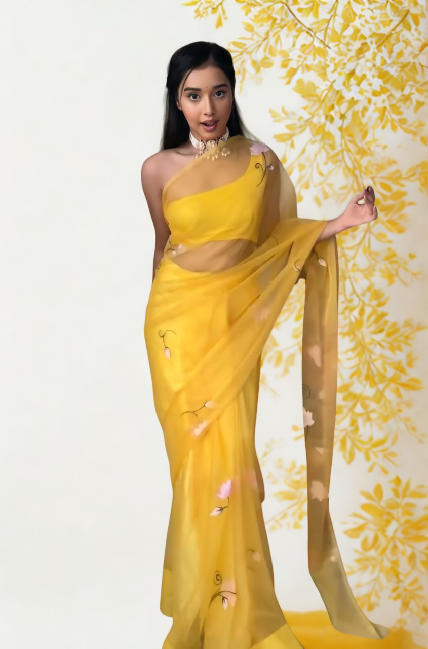 CLOVIRA Yellow Pure Organza Ready-to-Wear Saree