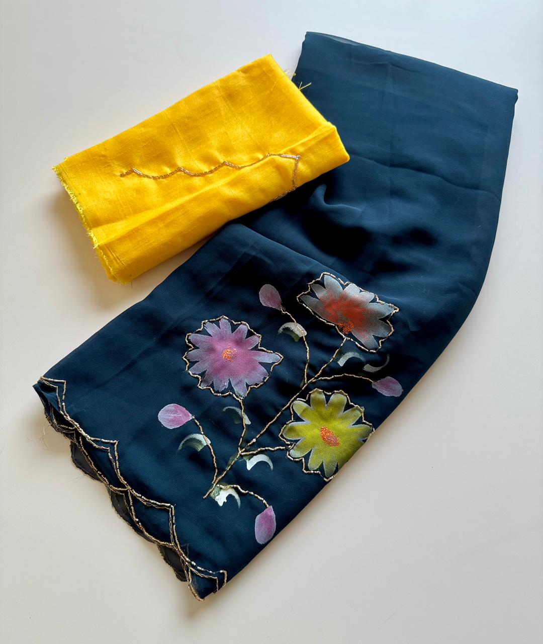 Soft Georgette Saree with Floral Hand Brush Print & Cut Dana Handwork